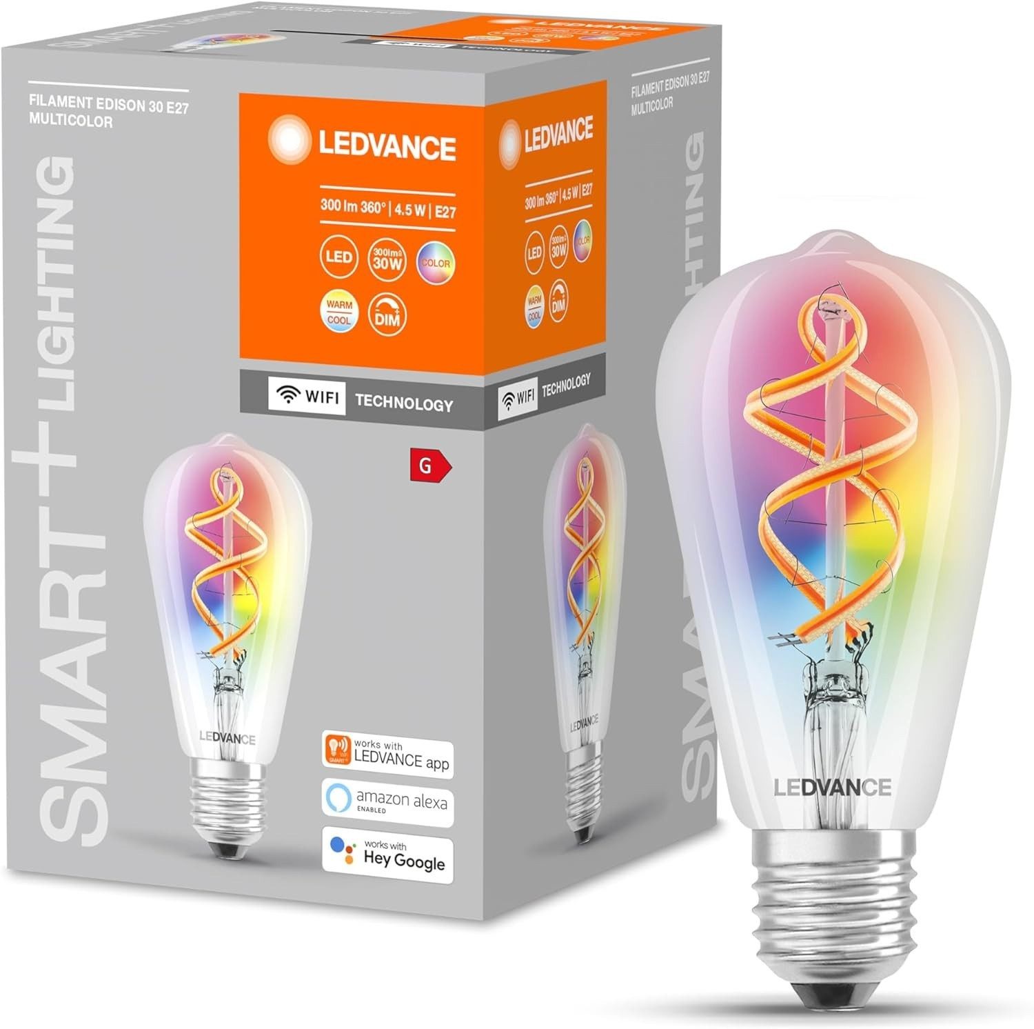 Ledvance Smarte LED-Leuchte Smarte LED-Lampe E27 Leuchtmittel WiFi WLAN RGB Dimmer, Leuchte Farbwechsel Lichtsteuerung App Steuerung E27 Lampe