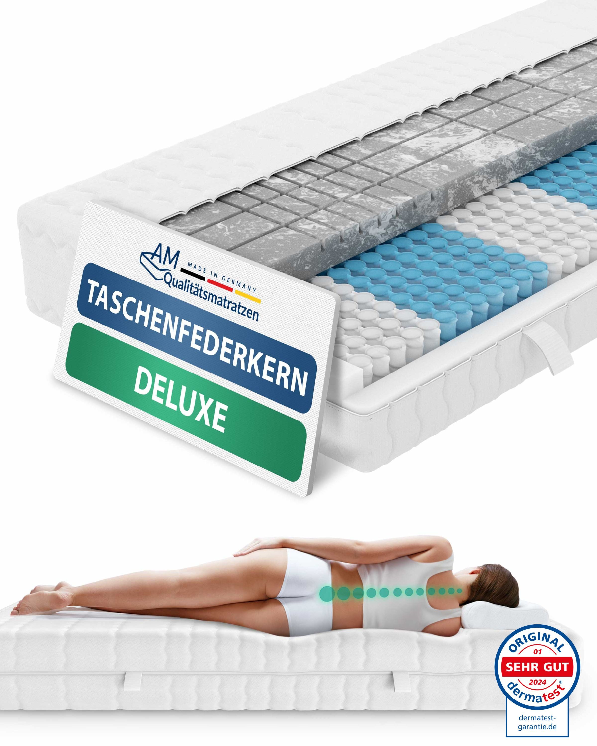 Taschenfederkernmatratze Deluxe 7-Zonen Federkernmatratze mit 3D Kaltschaum, Optimale Anpassung, AM Qualitätsmatratzen, 24 cm hoch, 80x200 cm