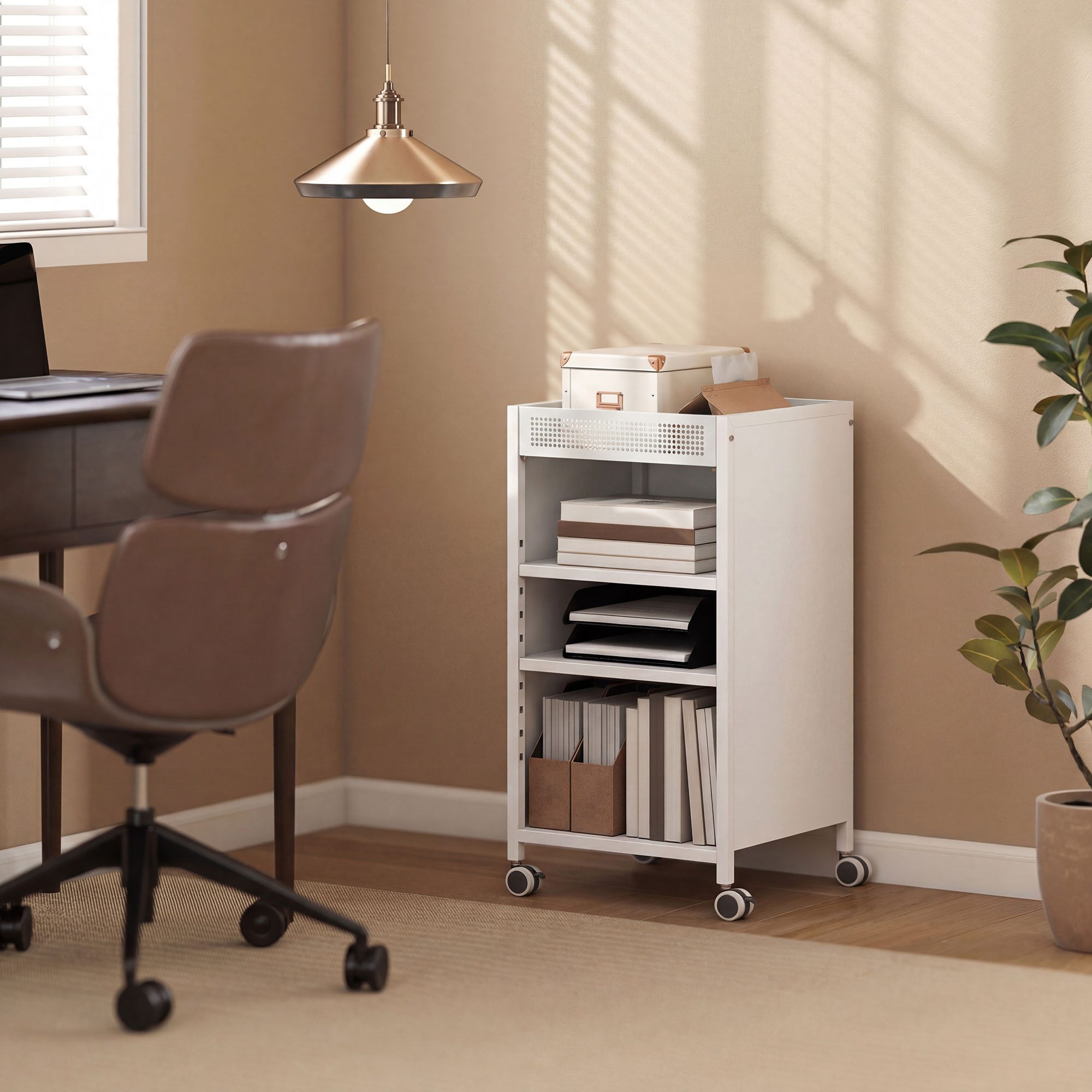 HOMCOM Bücherregal Bücherwagen, mit 3 Ebenen, oberem Aufbewahrungskorb, für Zuhause, Bürowagen 1-tlg., Mit Rollen, verstellbare Regalböden, Metallrahmen