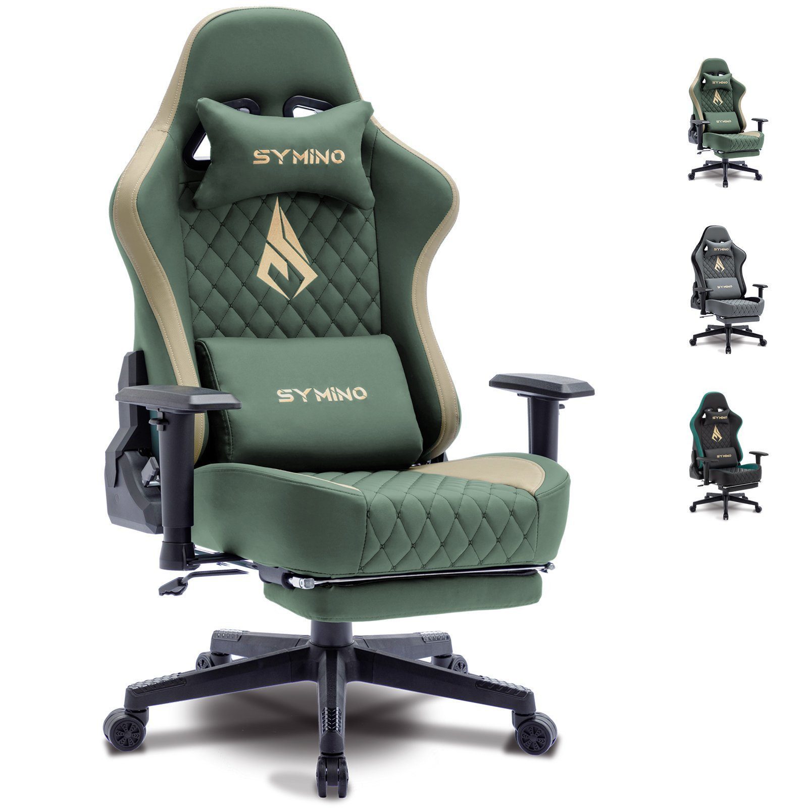 symino Gaming-Stuhl Ergonomischer Bürostuhl aus PU-Leder mit 3D-Armlehnen und Fußstütze, hoch atmungsaktiv, verstellbare Armlehnen und Rückenlehne, Grün