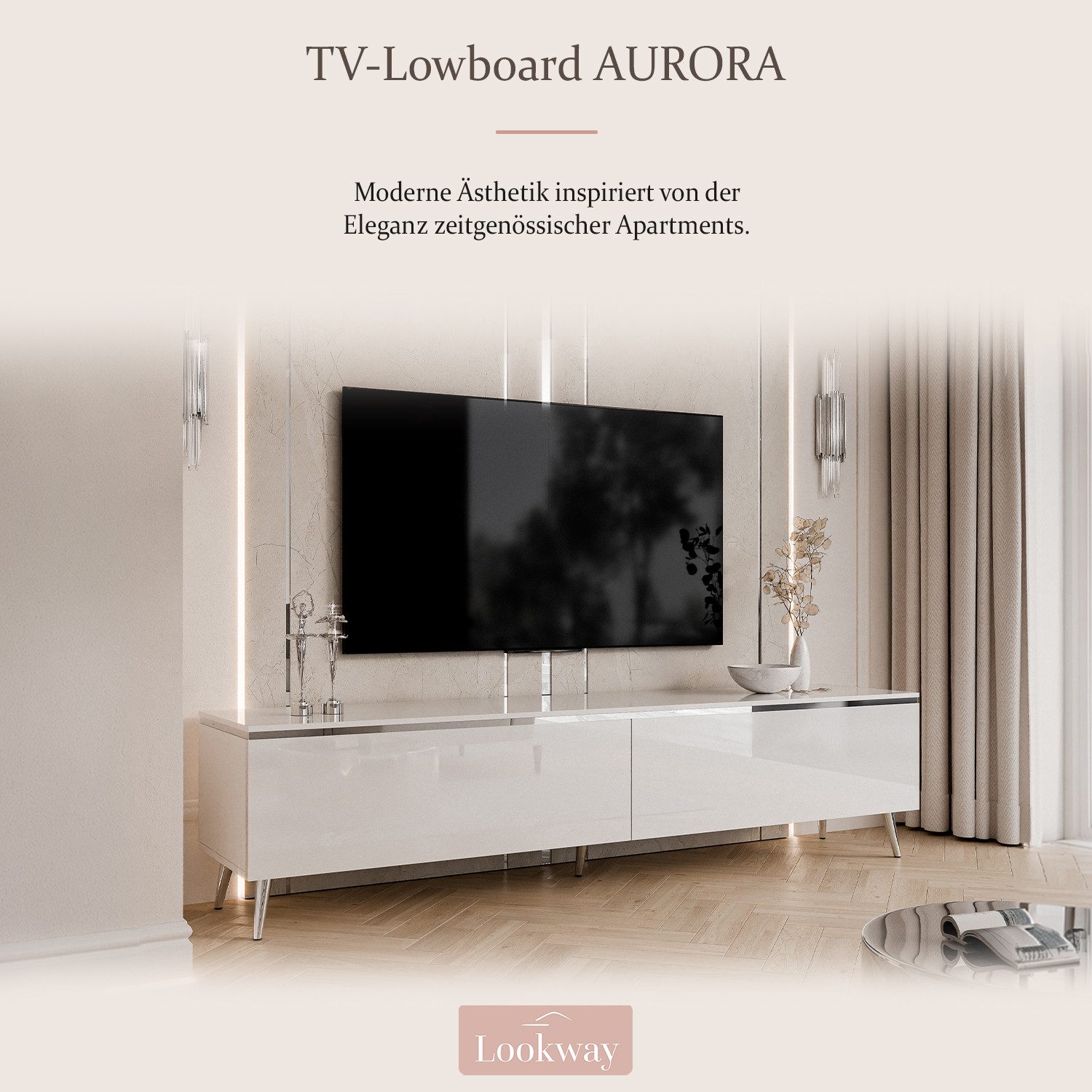 Lookway TV-Schrank AURORA SILVER auf Beinen und LED Beluchtung Breite: 180 cm, Höhe: 45/49,5 cm, Tiefe: 40 cm – Bild 2 von 5