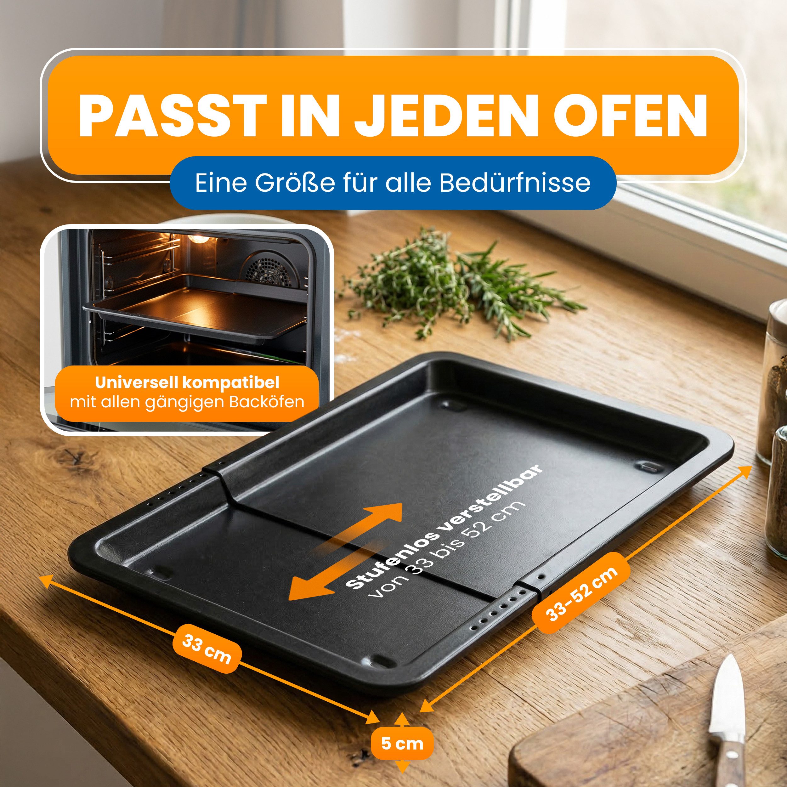 EUROHOME Backblech ausziehbar mit Auskühlnoppen Antihaftbeschichtung, Schwarzblech, (1-St., Ausziehbares Blech von 33 bis 52 cm), Ofenblech aus Schwarzblech - Backblech antihaft