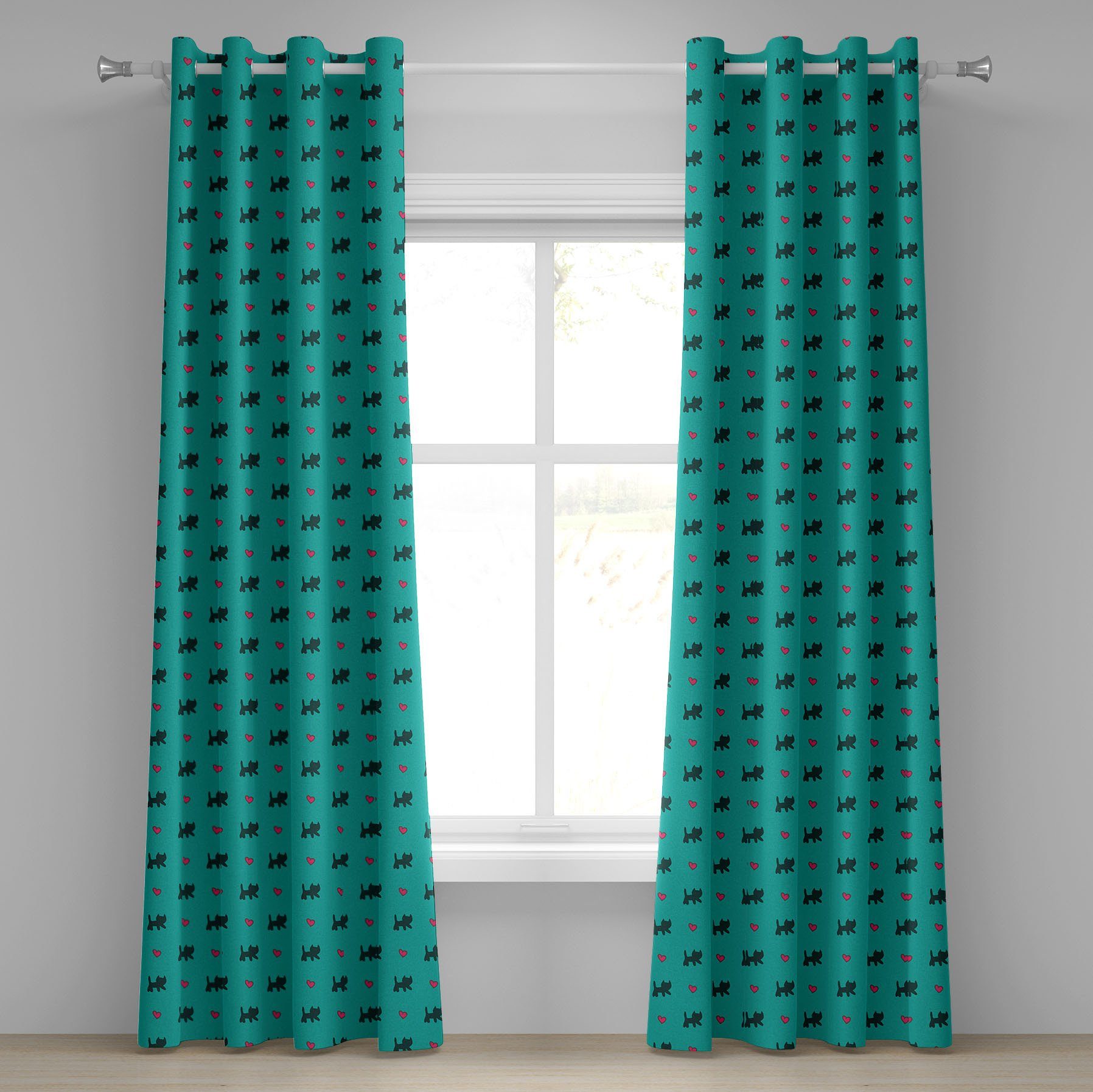 Wohnzimmer, Gardine rosa Herzen Dekorative Teal Schlafzimmer für Abakuhaus, Kätzchen 2-Panel-Fenstervorhänge