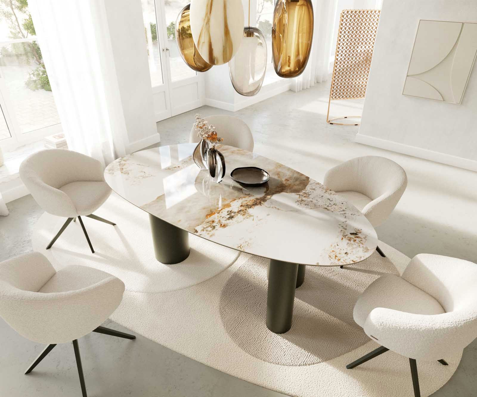 DELIFE Esstisch Edge, Oval Keramik Minas Melange Weiß-Beige 220x120 Pilier Metall Effektfini