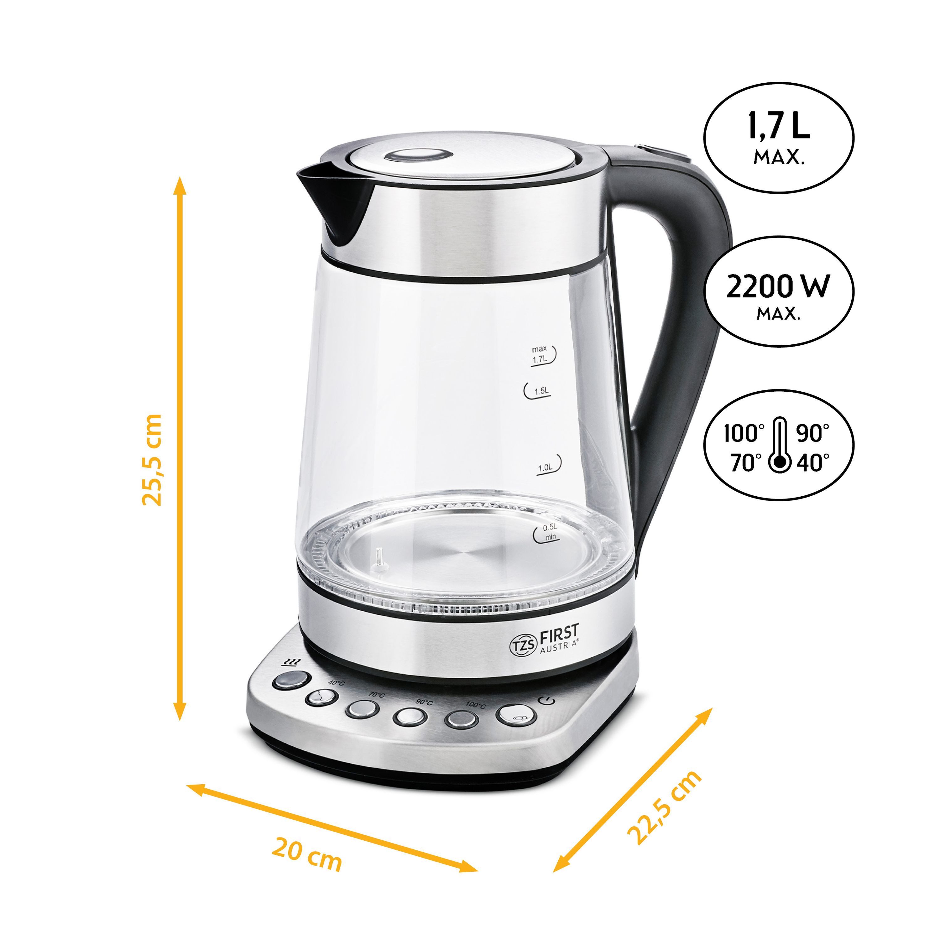TZS FIRST AUSTRIA Wasserkocher Glaswasserkocher 1,7 L, mit Kalkfilter, 2200 Watt, Innenbeleuchtung, 1.7 l, 2200 W, kabellos, Trockenkochschutz, 360° Grad Anschluss-Sockel