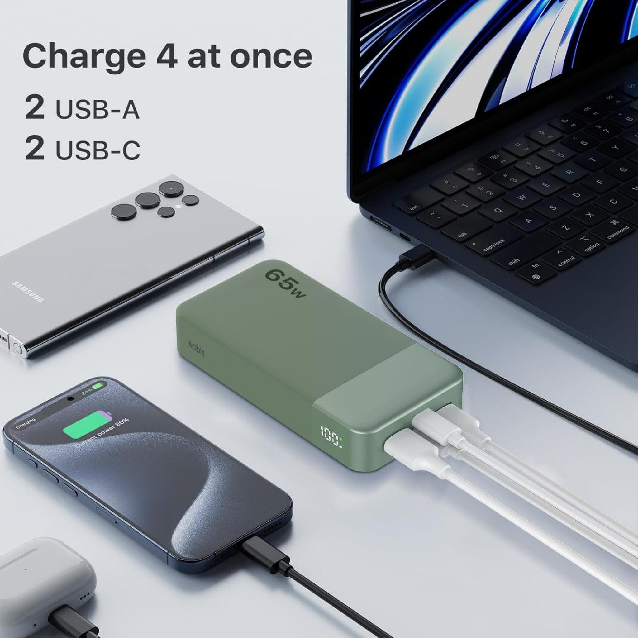 NOBIS Powerbank 20000mAh 65W Schnellladen USB-C/A PD Externer Akku Tragbare Powerbank (5 V), Schnelllade Powerbank, LED Anzeig, für Laptop Smartphone Tablet Rei – Bild 4 von 5