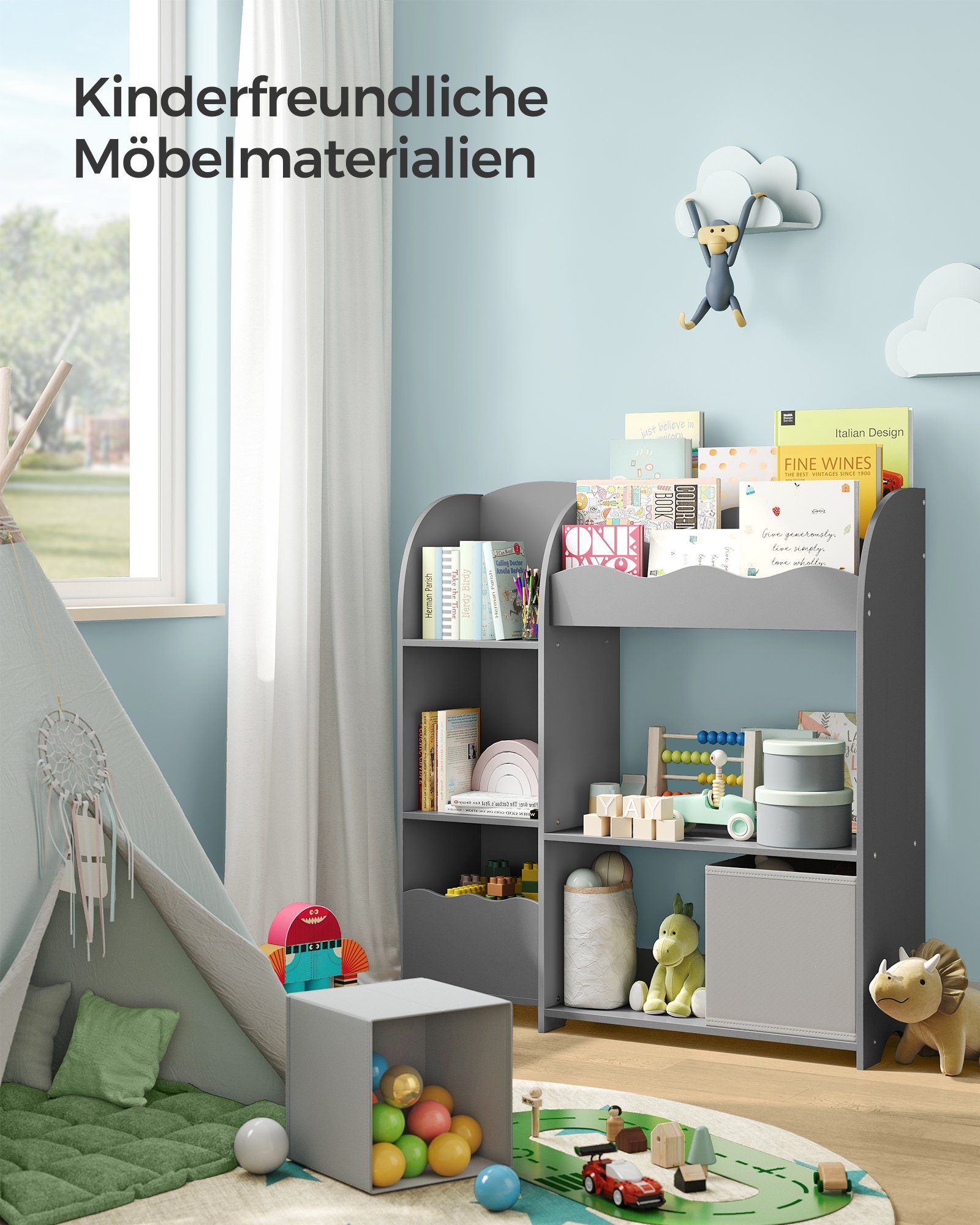 SONGMICS Spielzeugtruhe Bücherregal Kinder, Kinderregal für Bücher, Spielzeugregal, mit 2 Boxen, für Spielzimmer, Kinderzimmer, Wohnzimmer