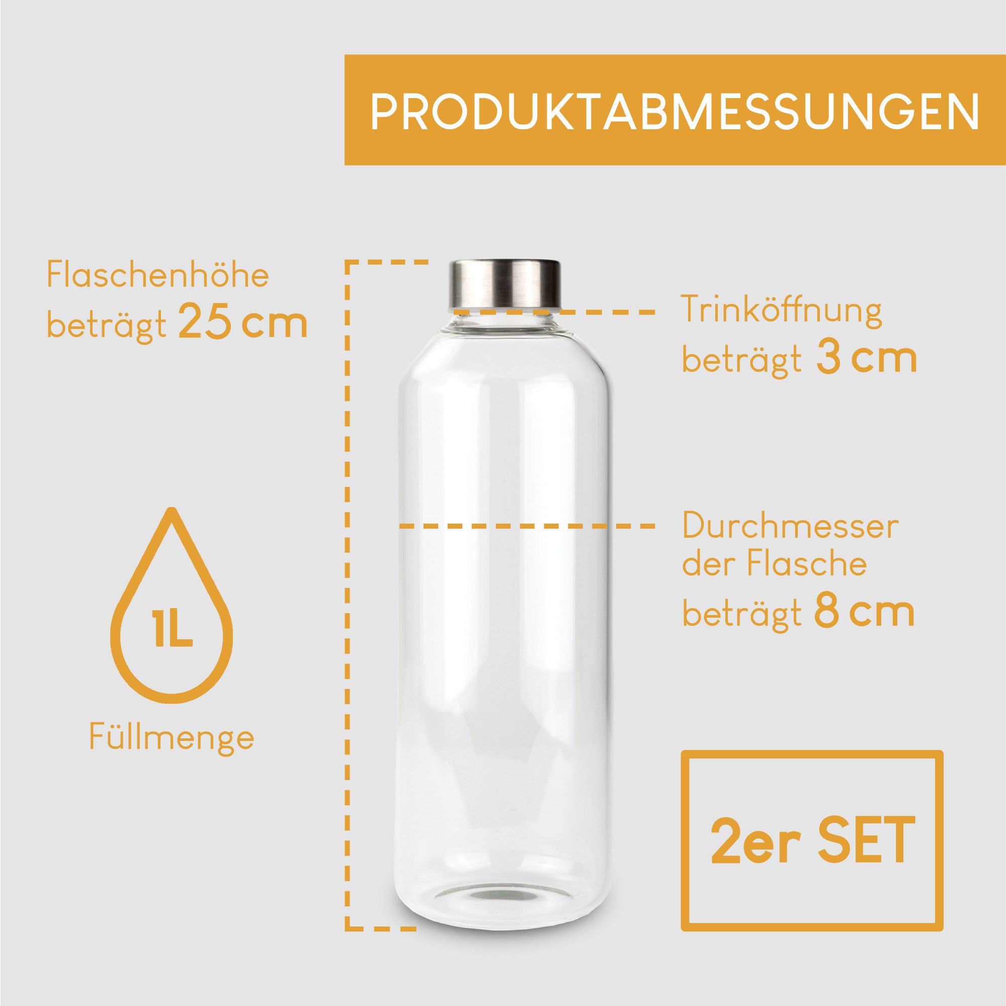 Smart-Planet Trinkflasche Trinkflasche 2er Set Glastrinkflasche 1 Liter mit Metalldeckel, Borosilikatglas mit Metalldeckel