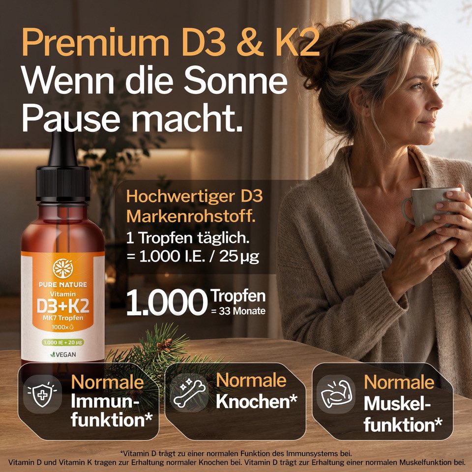 Pure Nature 1000 IE Vitamin D3 K2 Tropfen, Bio-Kokus-MCT C8 Öl >99,8% All Trans Tropfen, 30 ml