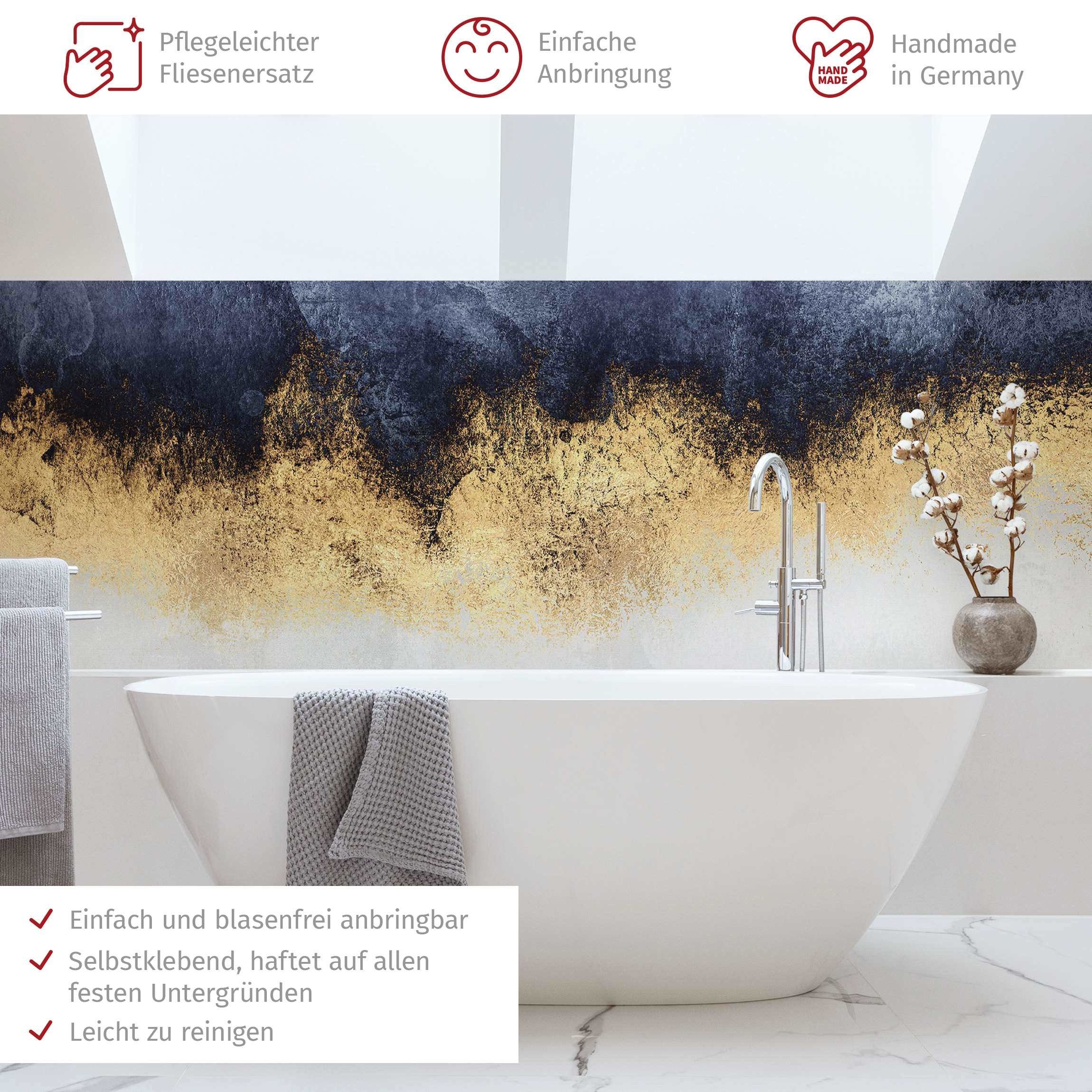 Bilderdepot24 Badrückwand gold fugenlose Wandverkleidung Bad Abstrakt, (Hartfolie matt » Selbstklebend SMART 0,35 mm), wasserfestes Wandpaneel Wolkenhimmel Gold