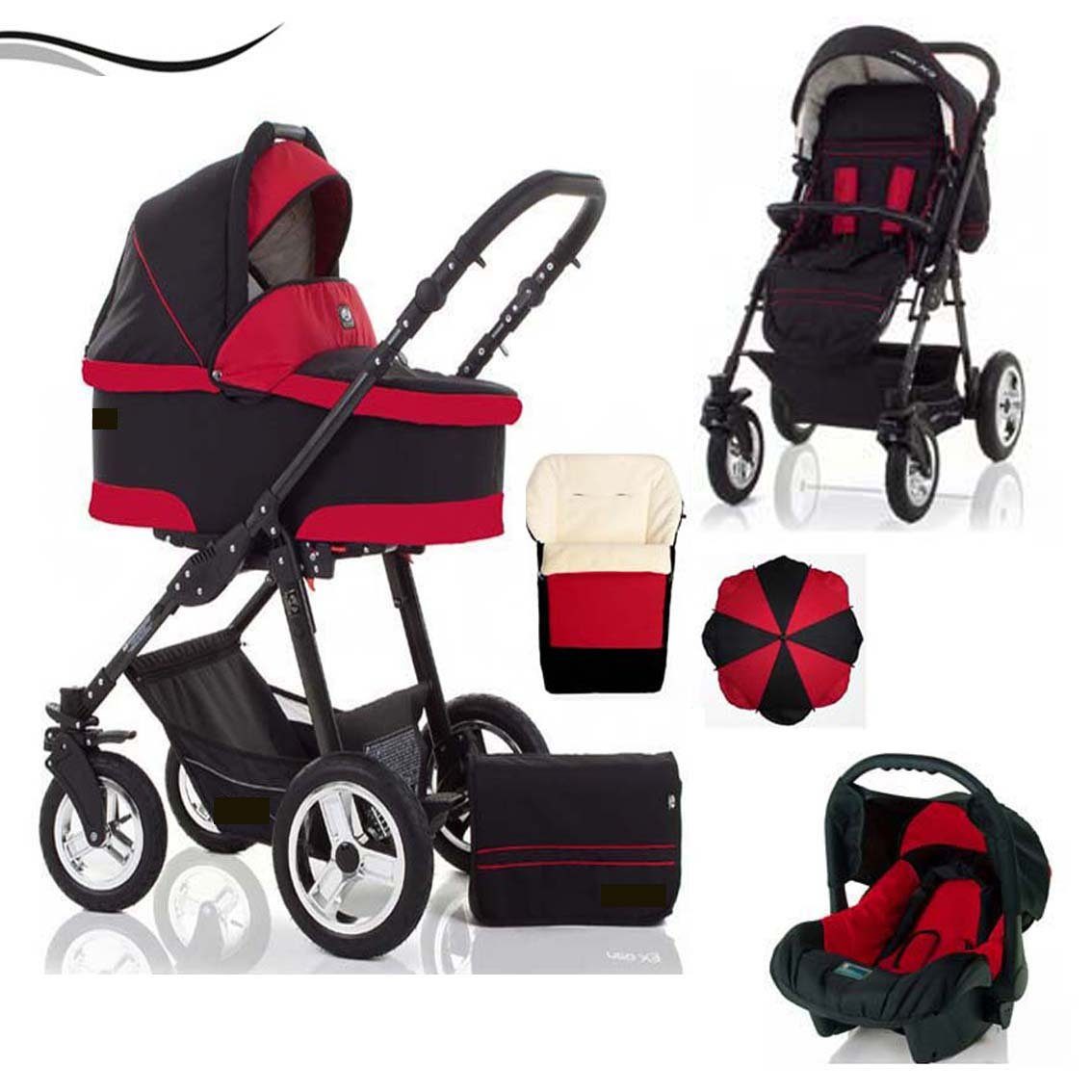 babies-on-wheels Kombi-Kinderwagen City Star 5 in 1 inkl. Autositz, Sonnenschirm und Fußsack - 18 Teile - von Geburt bis 4 Jahre in 16 Farben Schwarz-Rot
