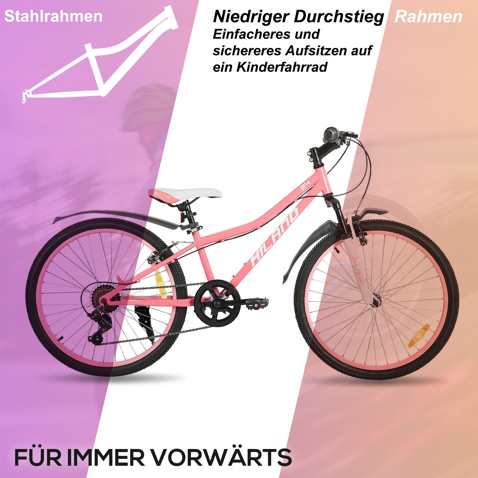 HILAND Kinderfahrrad 24 Zoll Kinderfahrrad ab 6-12 Jahre alt MTB Studenten-Pendlerfahrrad, mit Federgabel 7 Gang, V-Bremse, Hochwertiger Rahmen