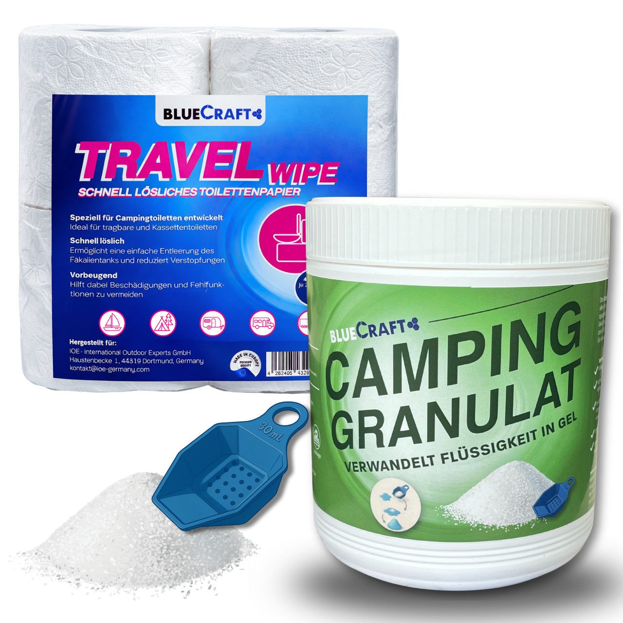 BlueCraft Campingtoilette Camping Granulat-Set 900g Absorber & 4er-Pack Toilettenpapier Outdoor, (inkl. Dosierlöffel & 4er Pack Toilettenpapier), Nimmt bis zu 500-fach Flüssigkeit auf