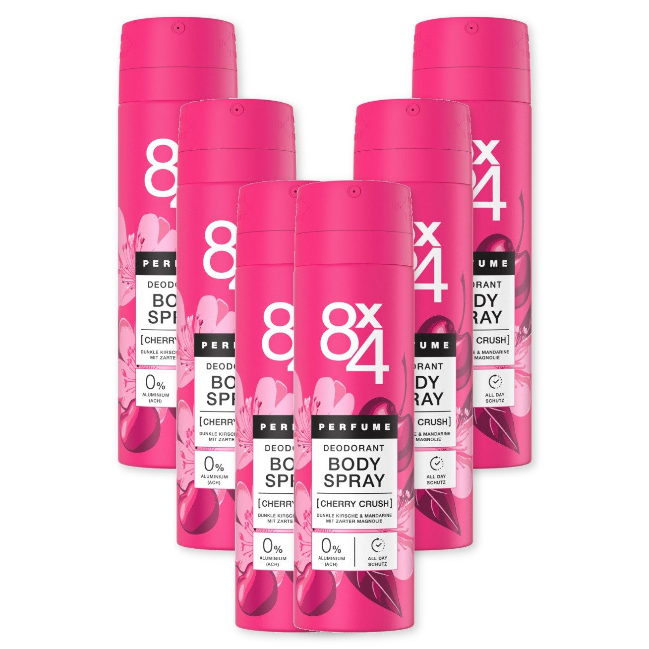 8x4 Bodyspray 8X4 Body Deo Spray Cherry Crush 6 x 150ml Cherry‑Magnolia‑Duft, Set, 6-tlg., 0% Aluminium (ACH)