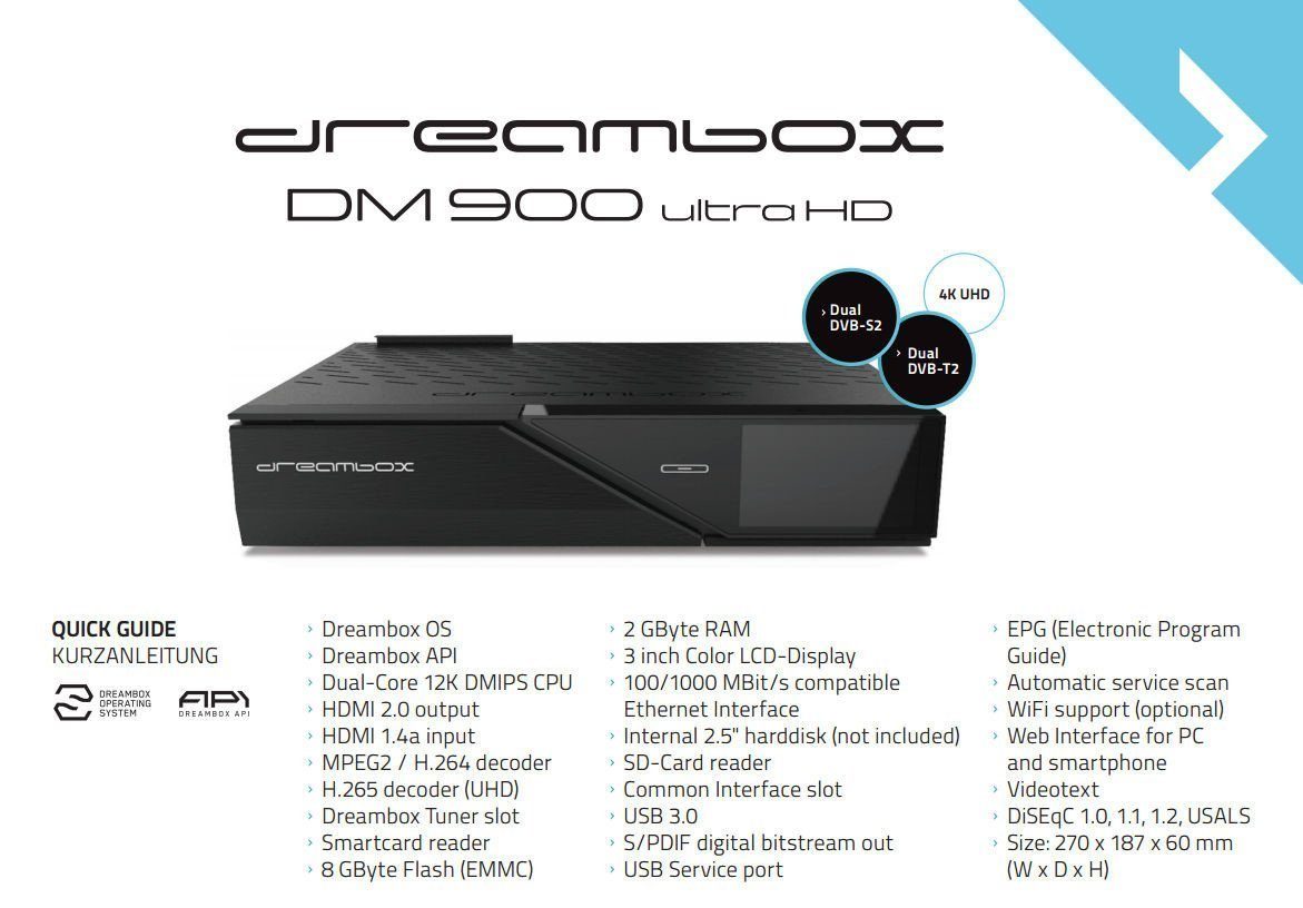 Dreambox E2 4K Dual Tuner Satellitenreceiver DVB-C/T2 1x Linux UHD Receiver DM900 Dreambox mit