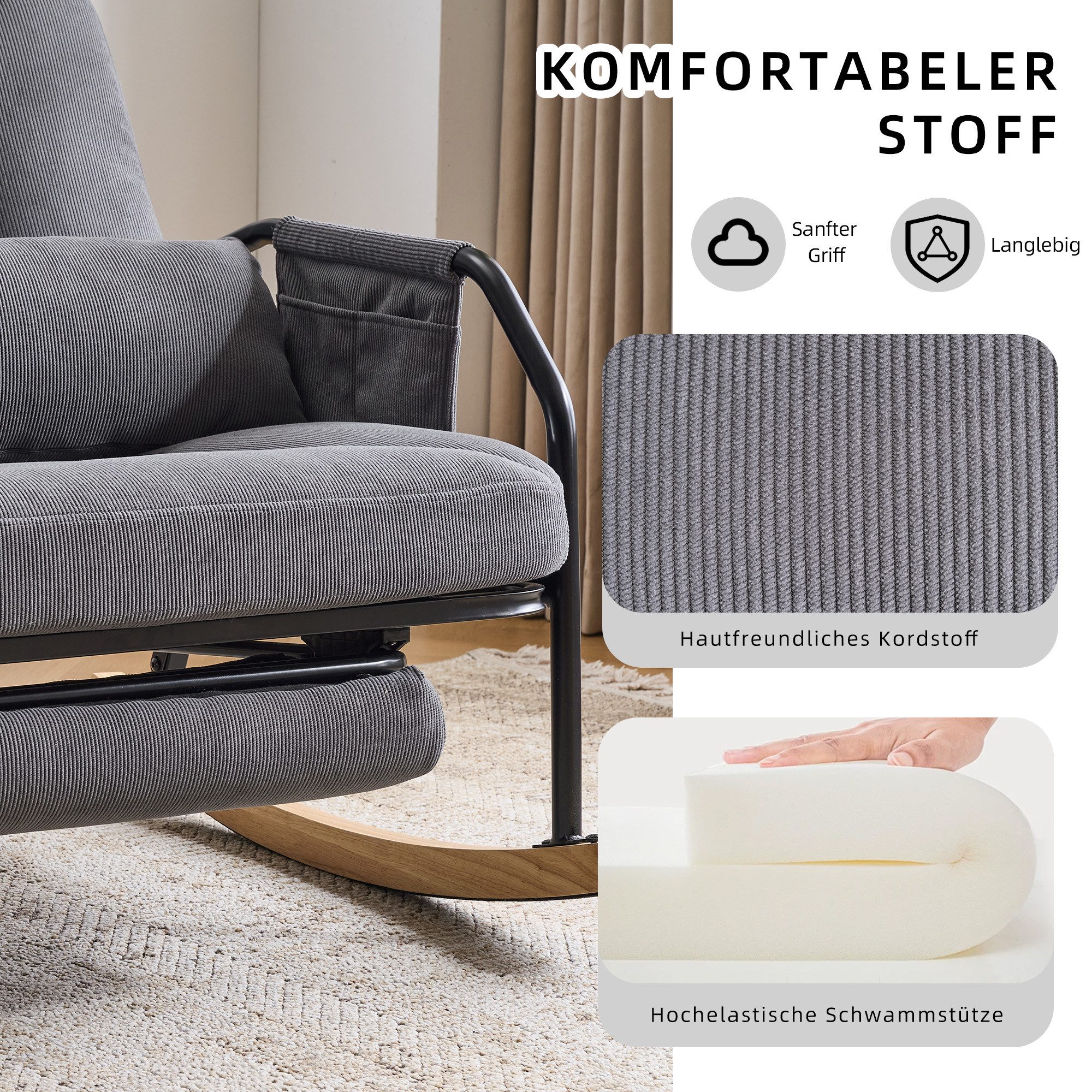 Vankel Schaukelstuhl Leawin großer Schaukelstuhl mit Liegefunktion & Fußstütze, Verstellbarer Relax-Schaukelstuhl mit breitem Sitz & Kissen