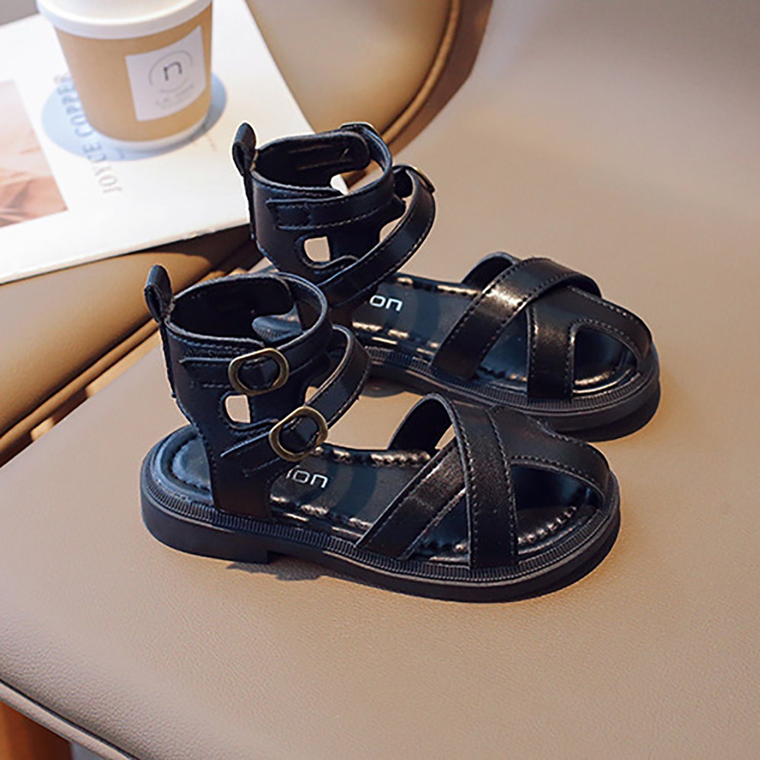 Daisred Mädchen römische Sommerschuhe Freizeitschuh sandalette Flach Schwarz Sandale