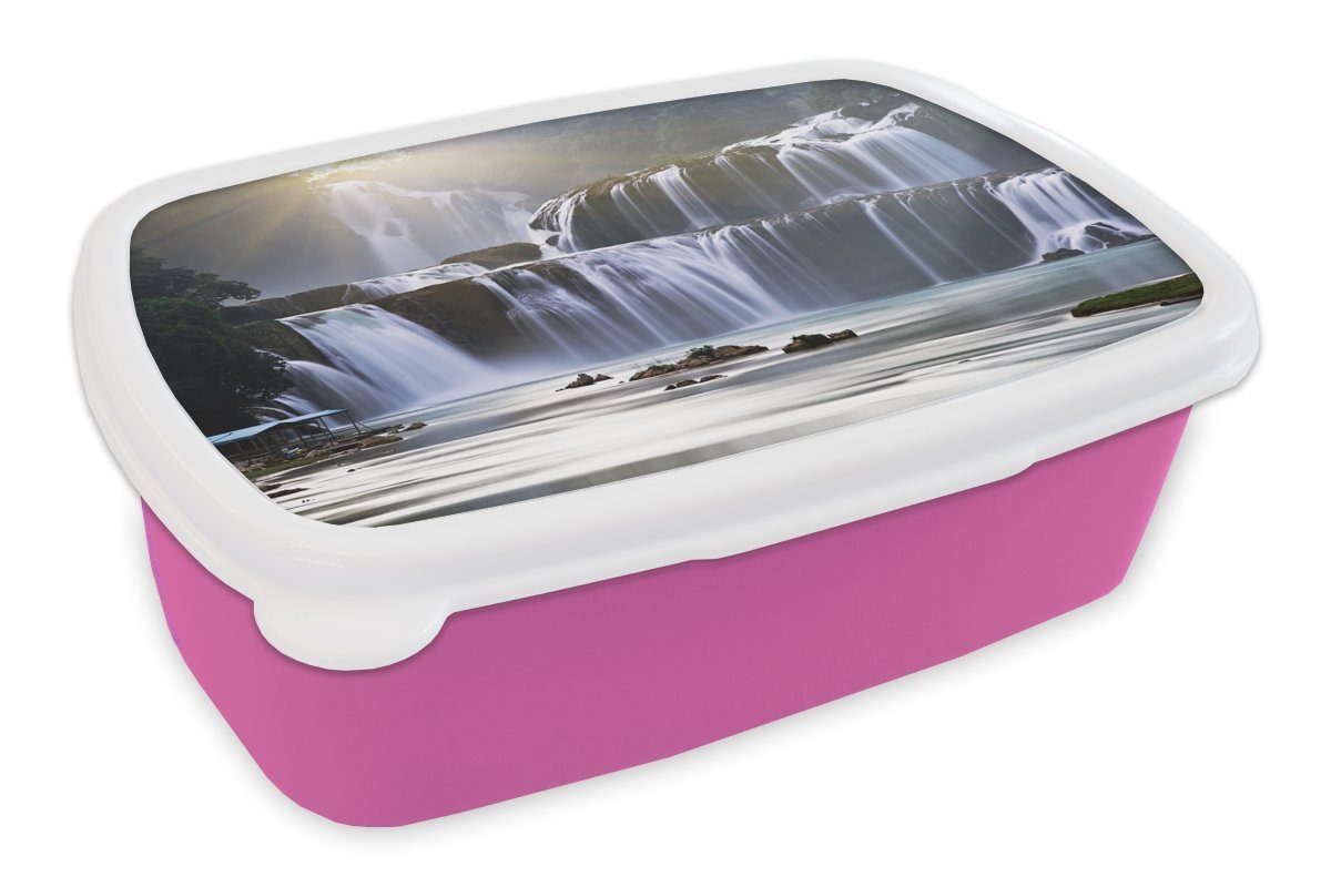 MuchoWow Lunchbox Wasserfall - Felsen - Natur, Kunststoff, (2-tlg), Brotbox für Erwachsene, Brotdose Kinder, Snackbox, Mädchen, Kunststoff rosa