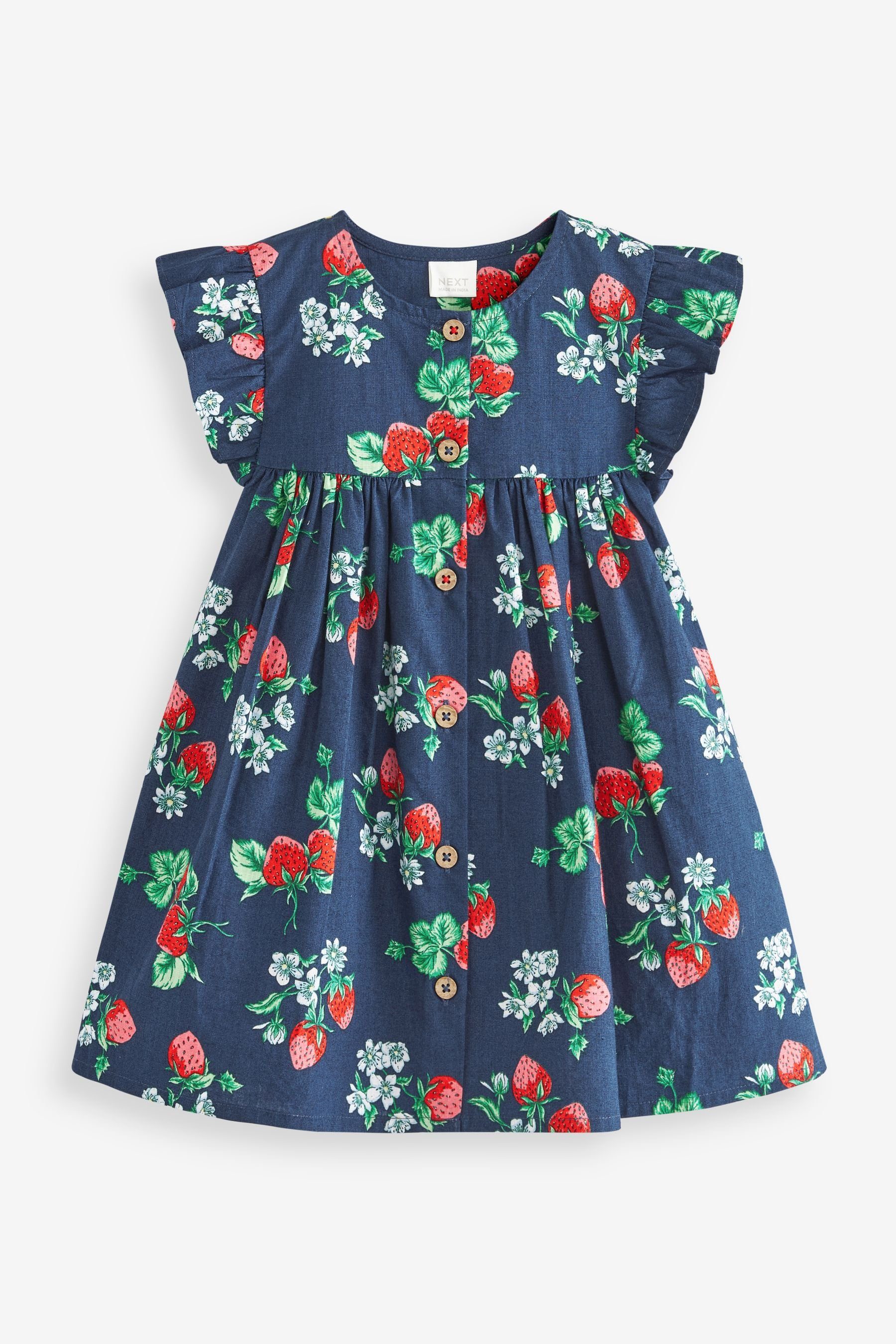 Next Sommerkleid Baumwollkleid mit Rüschenärmeln (1-tlg) Navy Blue Strawberry Print