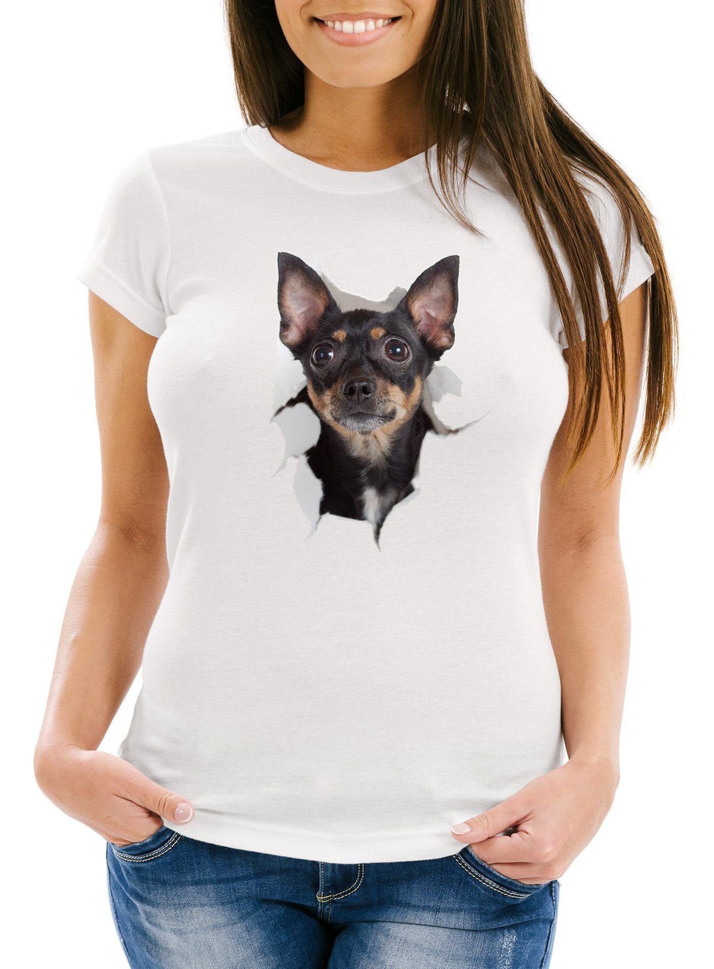 Print-Shirt Damen T-Shirt Hund Hundemotiv Tiermotiv farbig lustig originell Slim Fit Moonworks®