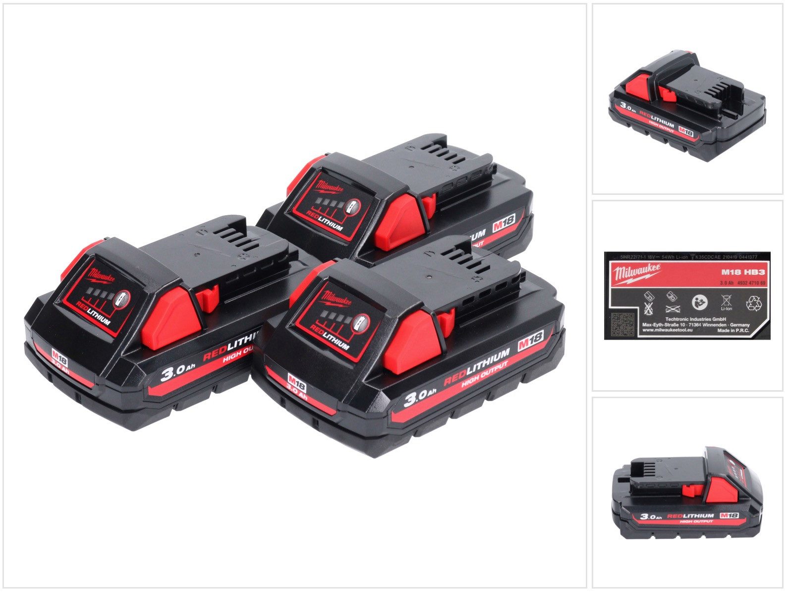 Milwaukee M18 HB3 High Output 3x 18 V 3,0 Ah / 3000 mAh Li-Ion Akku (3x 493247 Akkupacks