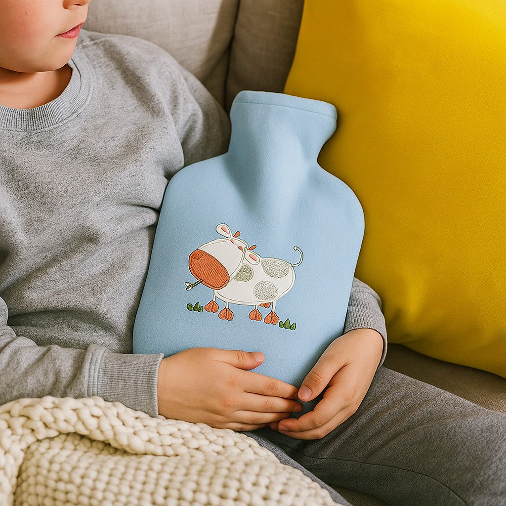 Fashy Wärmflasche Fashy Wärmflasche für Kinder Kuh Motiv mit Fleecebezug blau, (1-tlg), Abnehmbarer Fleecebezug