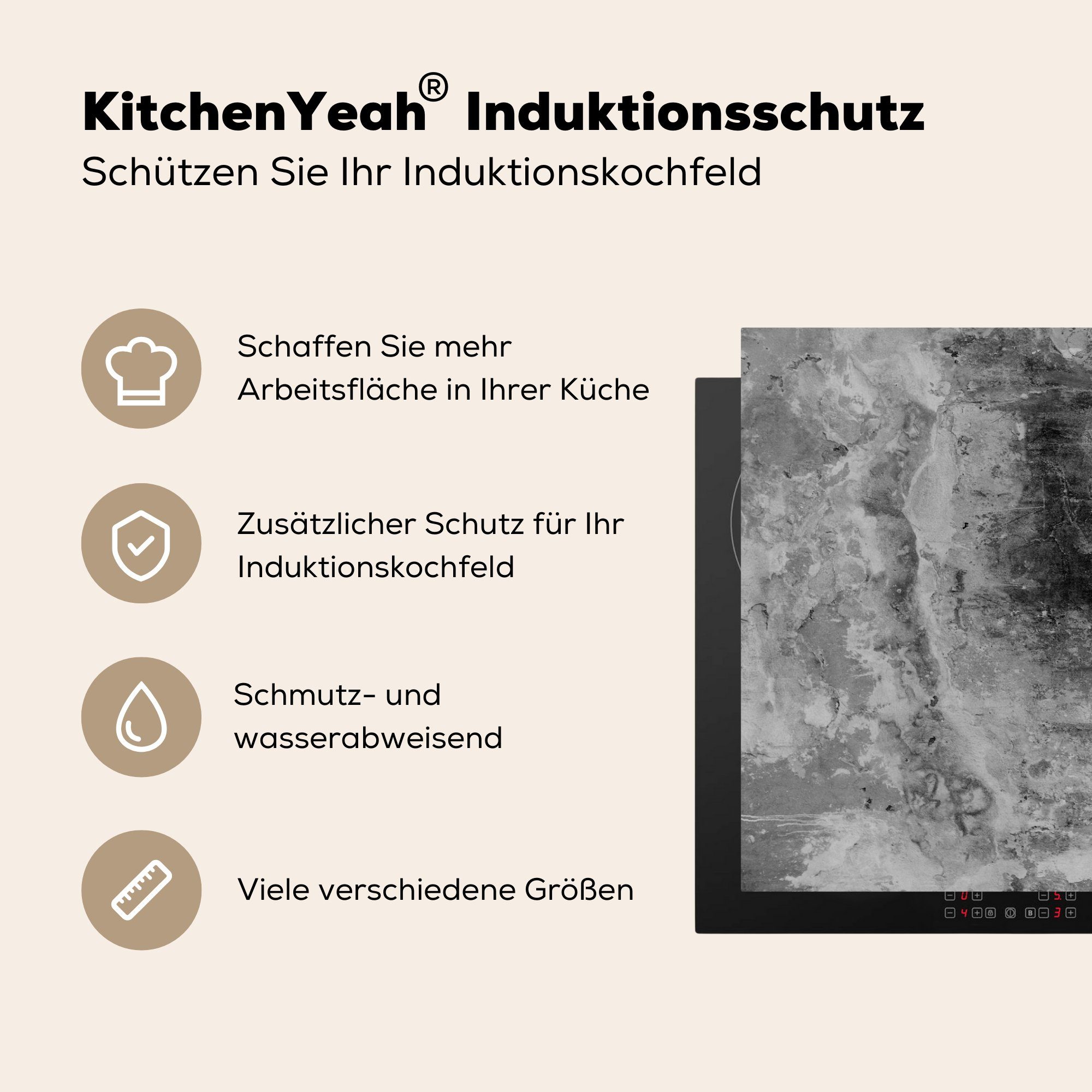 Schutz küche, 81x52 Herdblende-/Abdeckplatte - cm, Stein Ceranfeldabdeckung Weiß Induktionskochfeld Vinyl, MuchoWow Schwarz - - (1 für Industrial, die tlg),