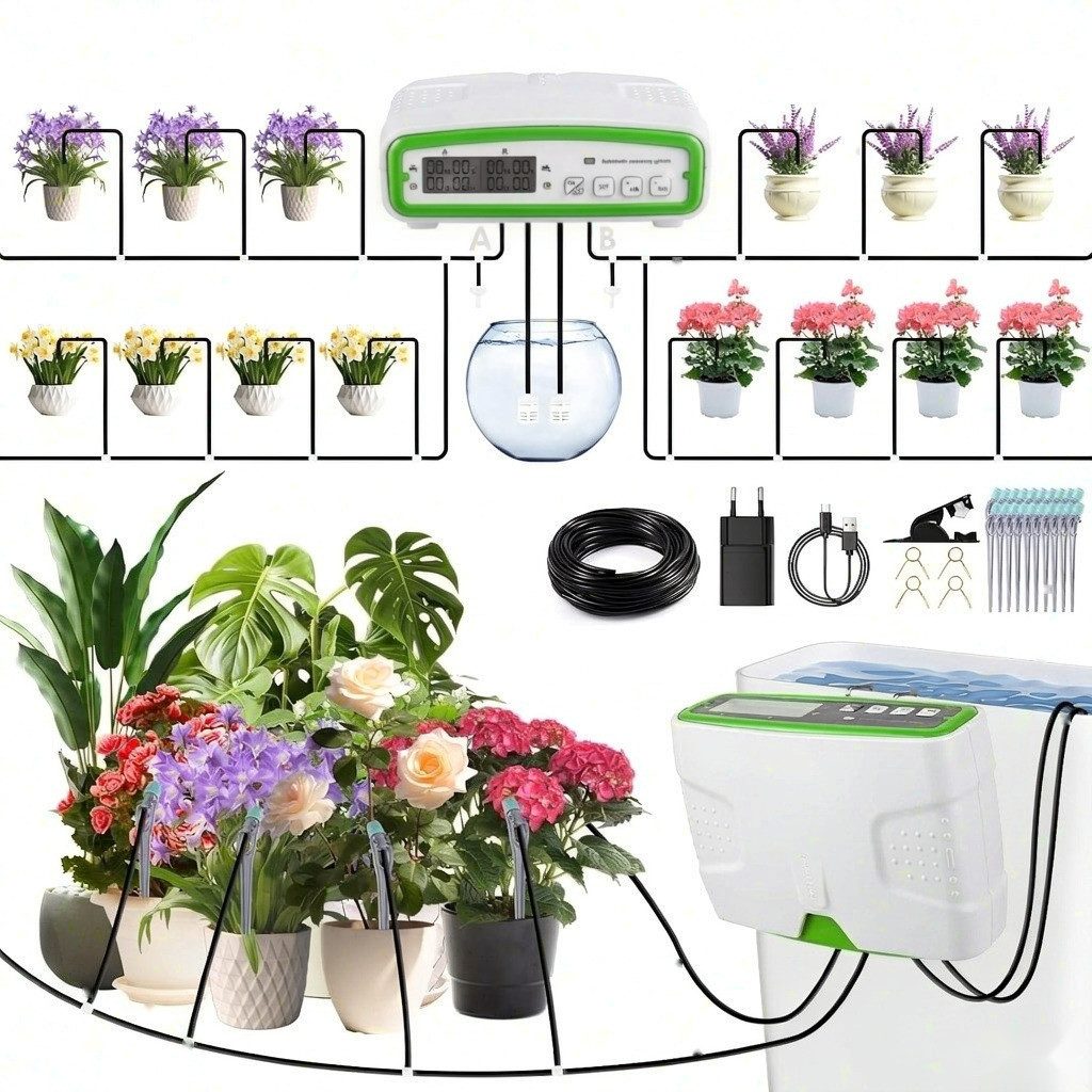 TWUFY Bewässerungssystem WiFi Automatisches Bewässerungssystem mit Doppelte Pumpe, (DIY Tropfbewässerungsset Gesteuert über APP, Gartenbewässerungssystem Auto/Manuell/Smart Mode), für Balkon,Kübelpflanzen