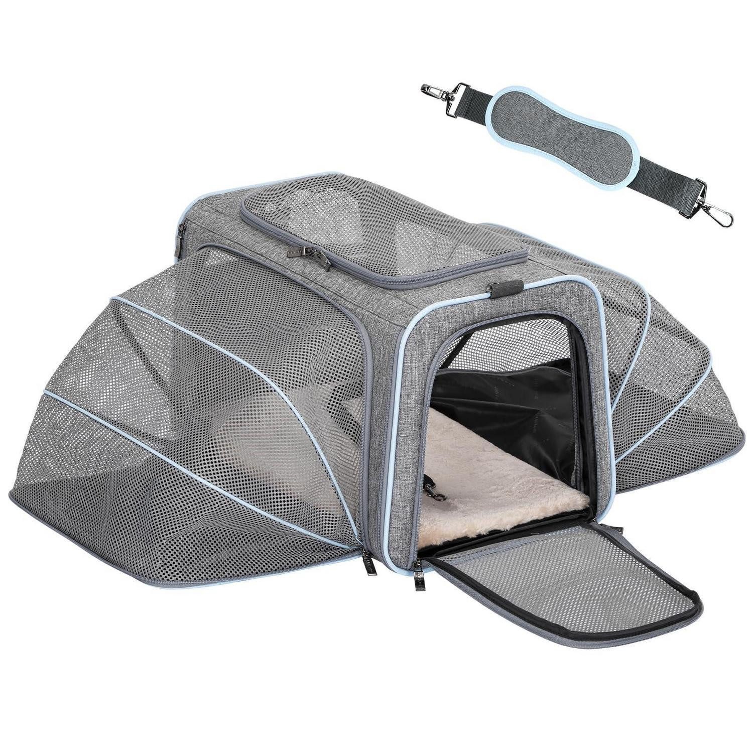 LuxusKollektion Tiertransporttasche Transporttasche Katze Hund faltbar Schultergurt Grau L Doppelseitig