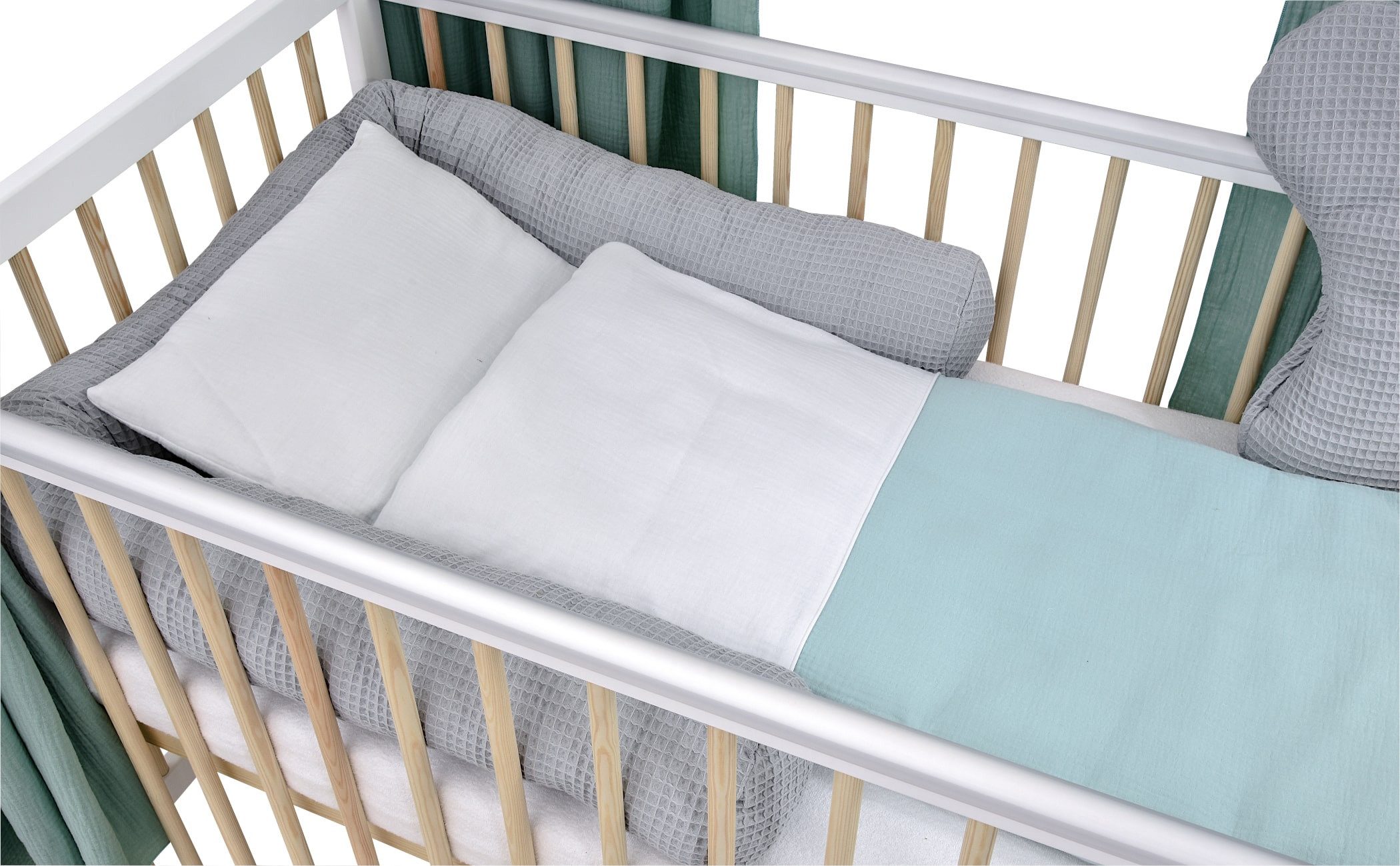 Baby-Delux Komplettbett Hausbett Babybett Komplettset Waffelpique Musselin, 12-tlg., Kinderbett 60x120 cm weiß Natur, Bettset verschiedene Designs
