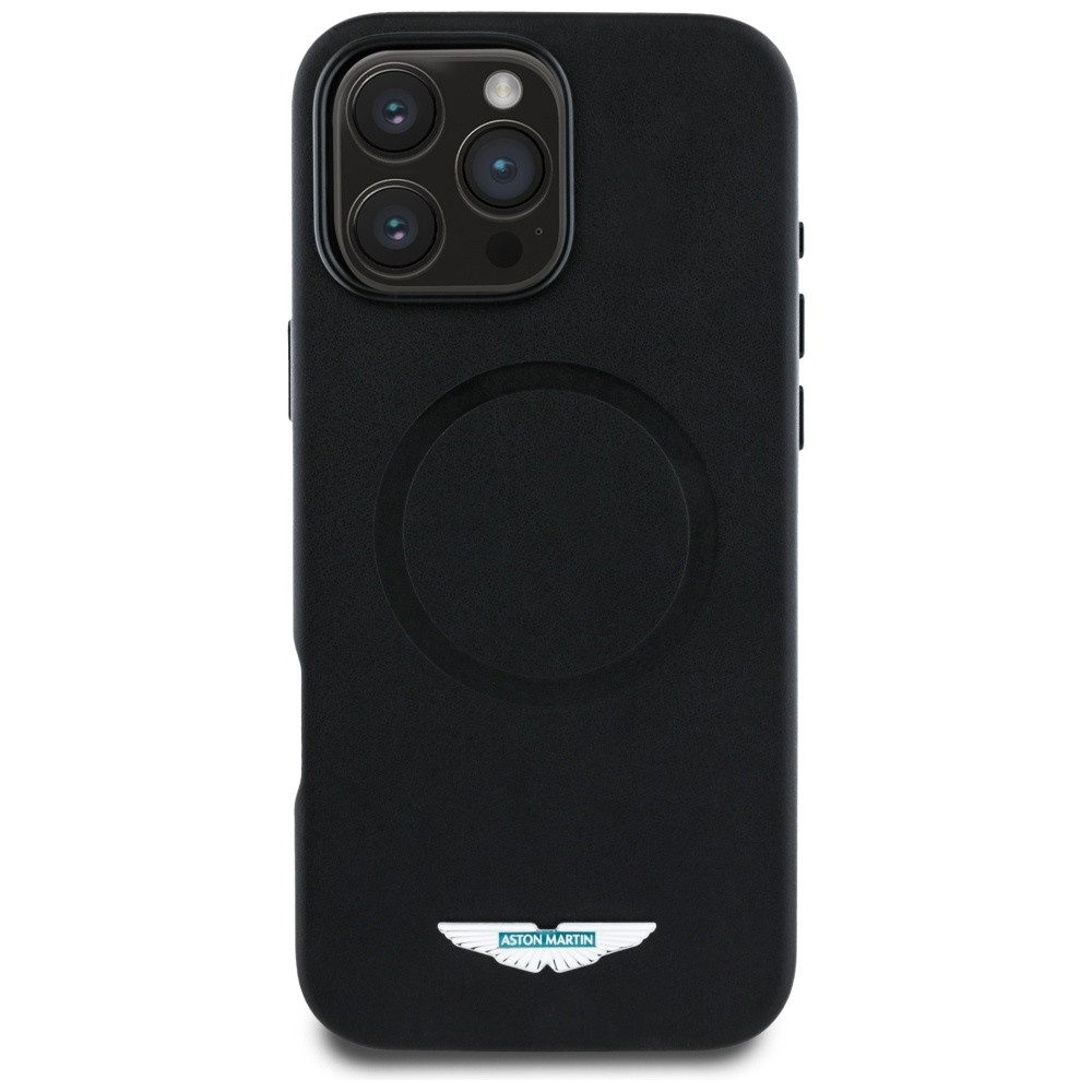 Aston Martin Handyhülle iPhone 16 Pro Max MagSafe Silikon schwarz Logo Metall 6,9 Zoll, Kantenschutz