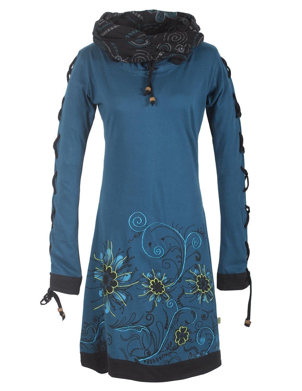 Vishes Midikleid Bedrucktes Blumen Kleid mit Schalkragen - Schnüren Ethno, Hippi, Boho, Goa Style türkis
