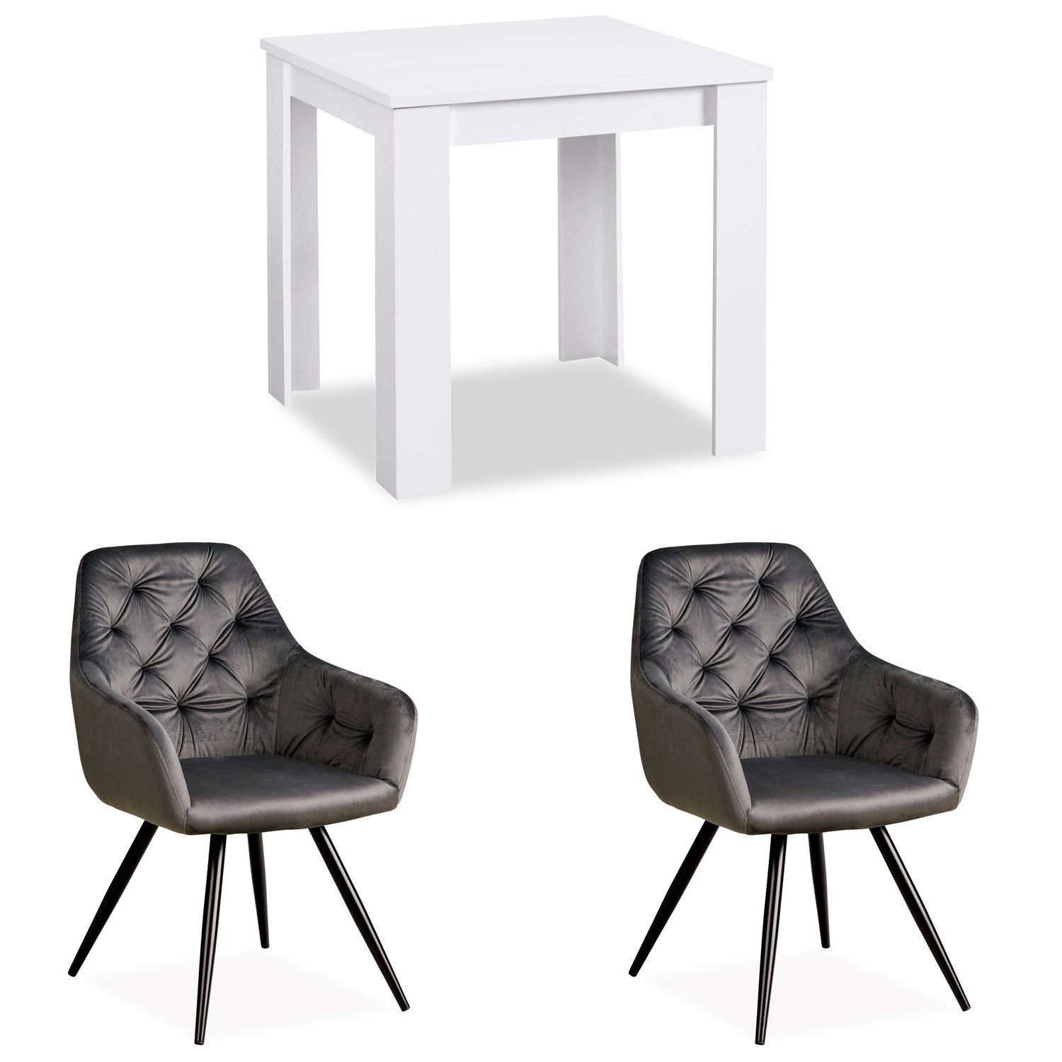 Homestyle4u Essgruppe Esstisch 80x80 cm Weiß mit 2 Sesseln Samt Grau, (Komplett-Set, 3-tlg)