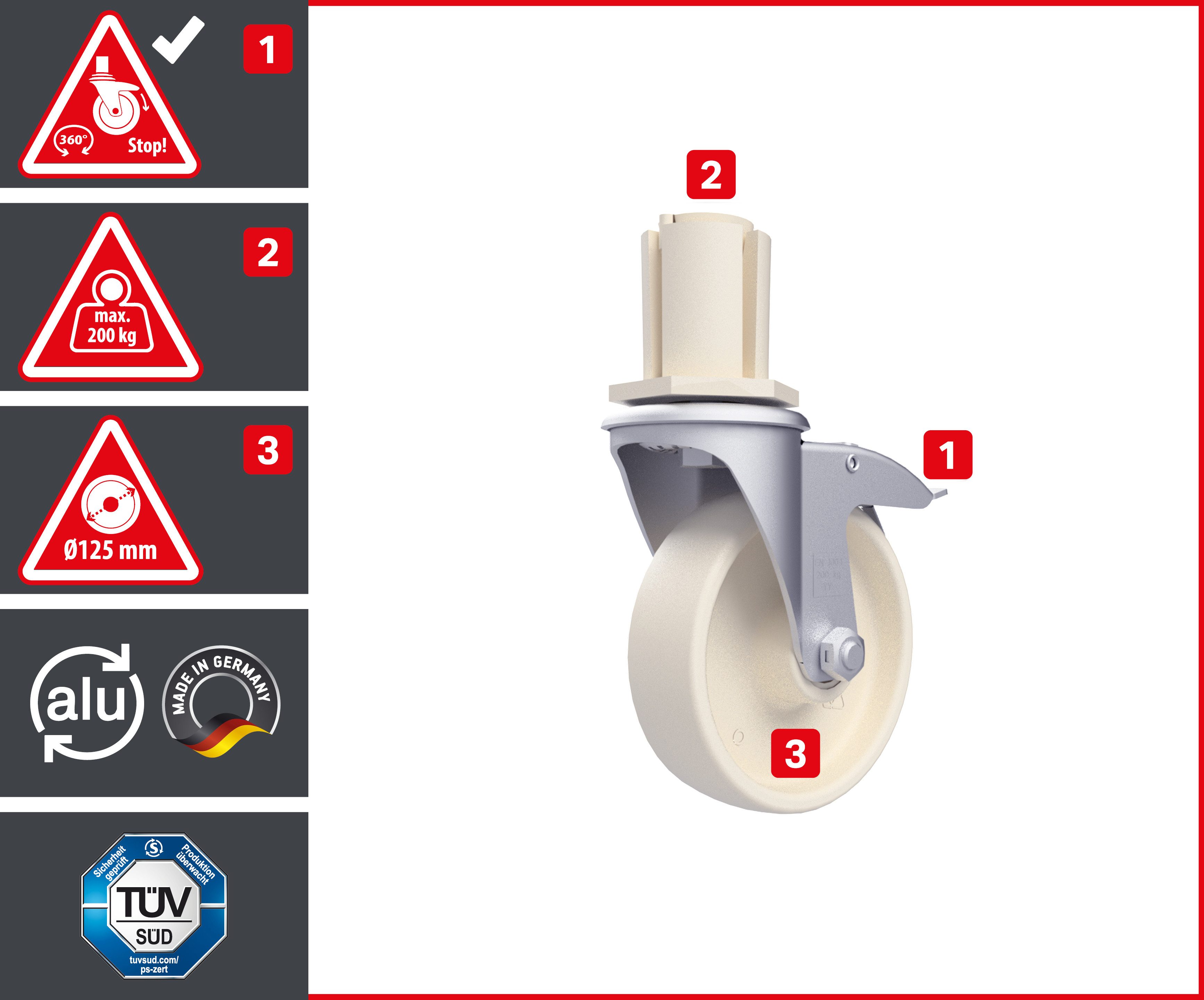 ALTEC Aluminium Rollfix 2.0 700 mobile scaffold with Ø125mm wheels and wall anchors, Made in Germany, working height 7 meters