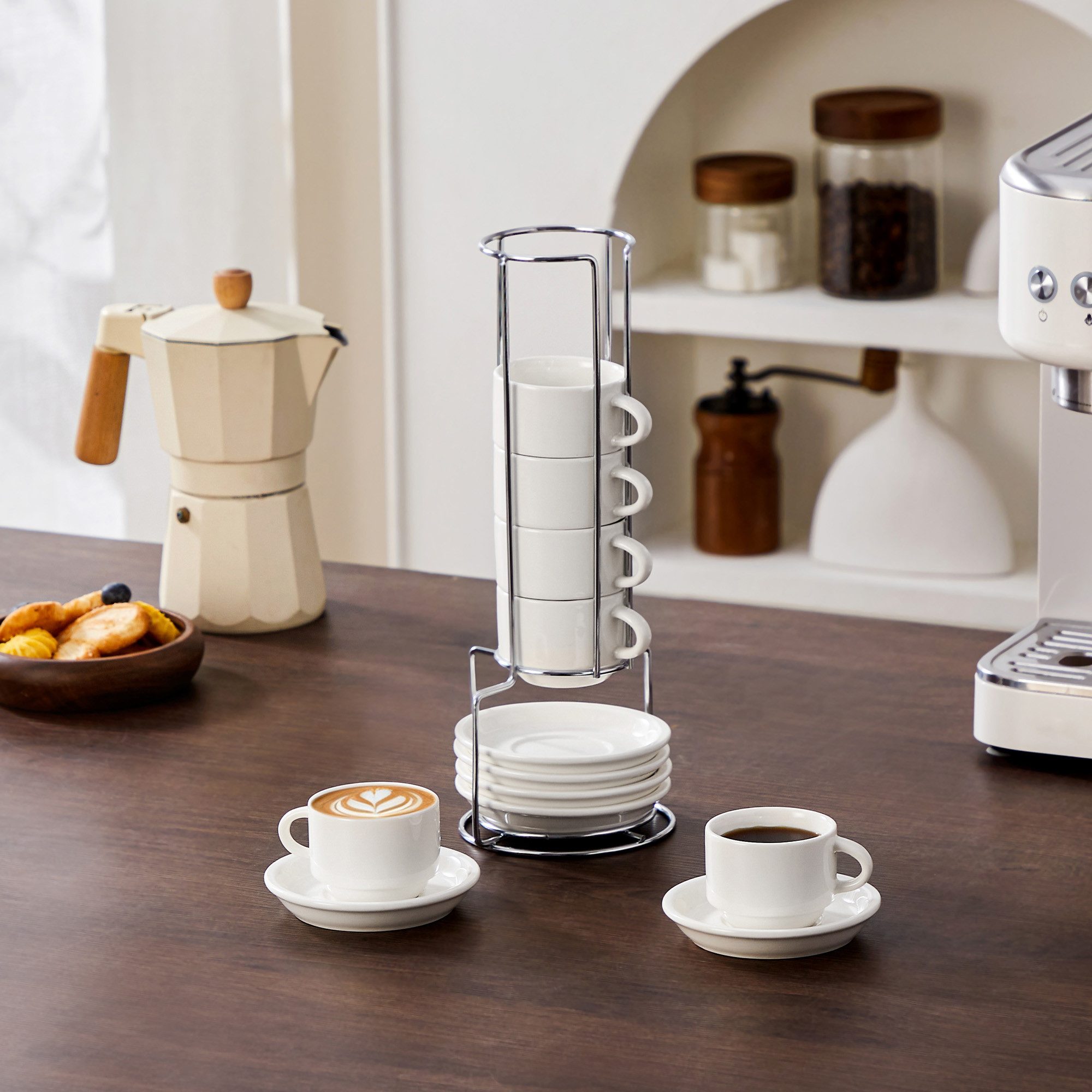 MALACASA Kaffeeservice Porzellan Espressotasse, Metallständer, Weiß/Schwarz/Marmor (6-tlg), 6 Personen, Porzellan