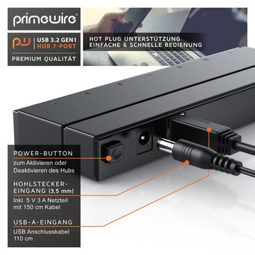 Primewire USB-Adapter, aktiver 7 Port USB 3.2 Gen1 Hub mit Netzteil Hot-Plug und Super Speed