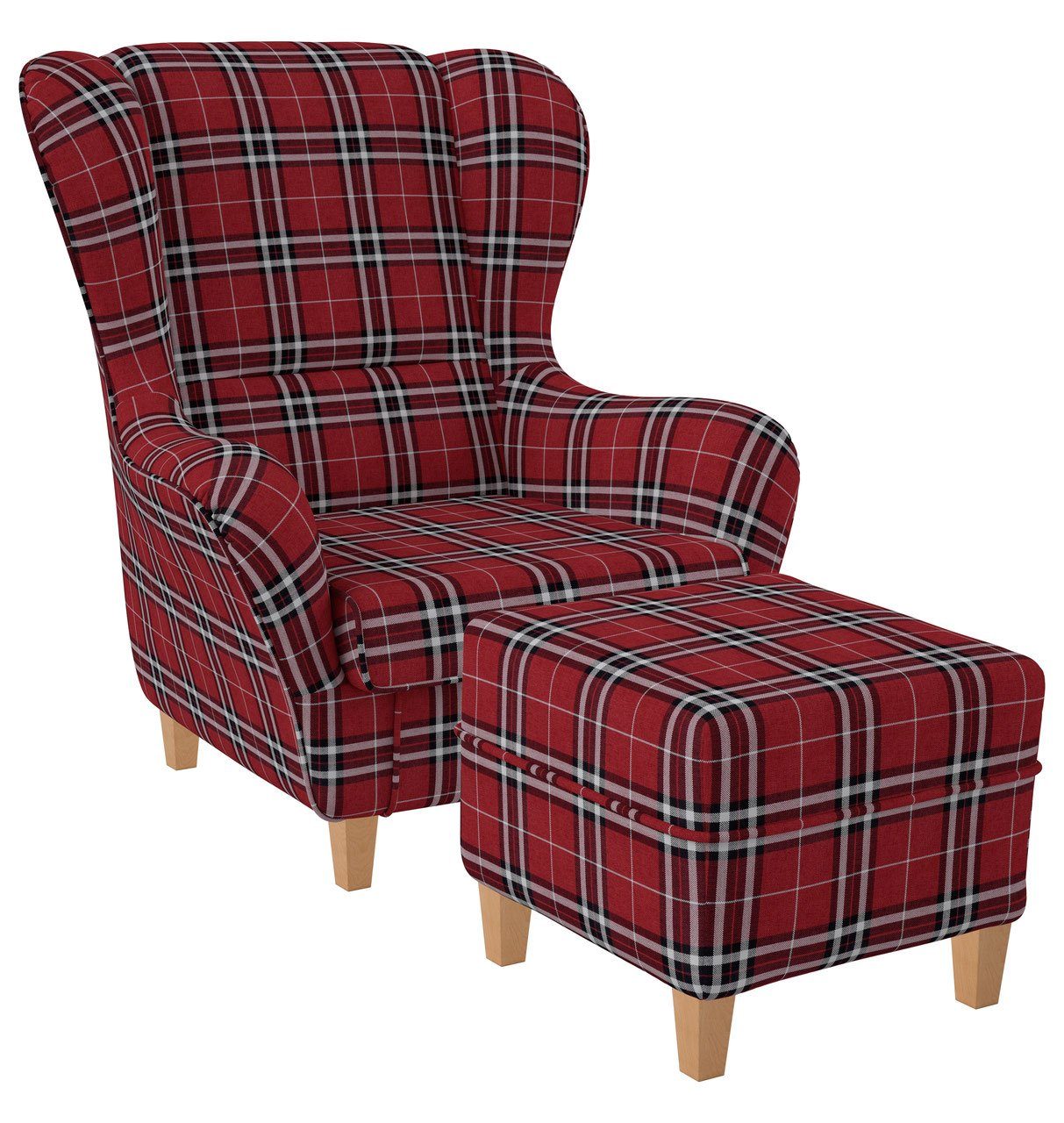 Supellex Ohrensessel Sofia Relaxsessel mit Hocker Design Oxford kariert Rot günstig online kaufen