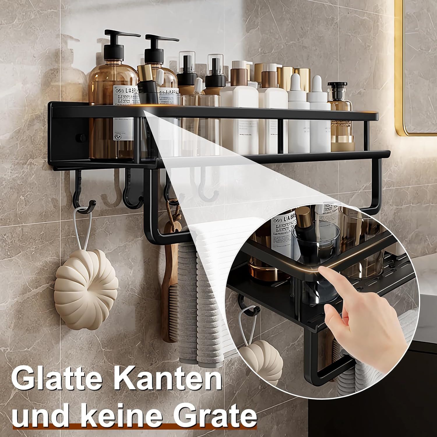 ibettertec Duschregal Duschablage ohne Bohren-2 Stück Duschkorb mit Handtuchhalter,4 Haken, Duschhalterung Badregal Duschgel Badezimmer Regal selbstklebendes, Shampoo Halterung für Badezimmer Organizer