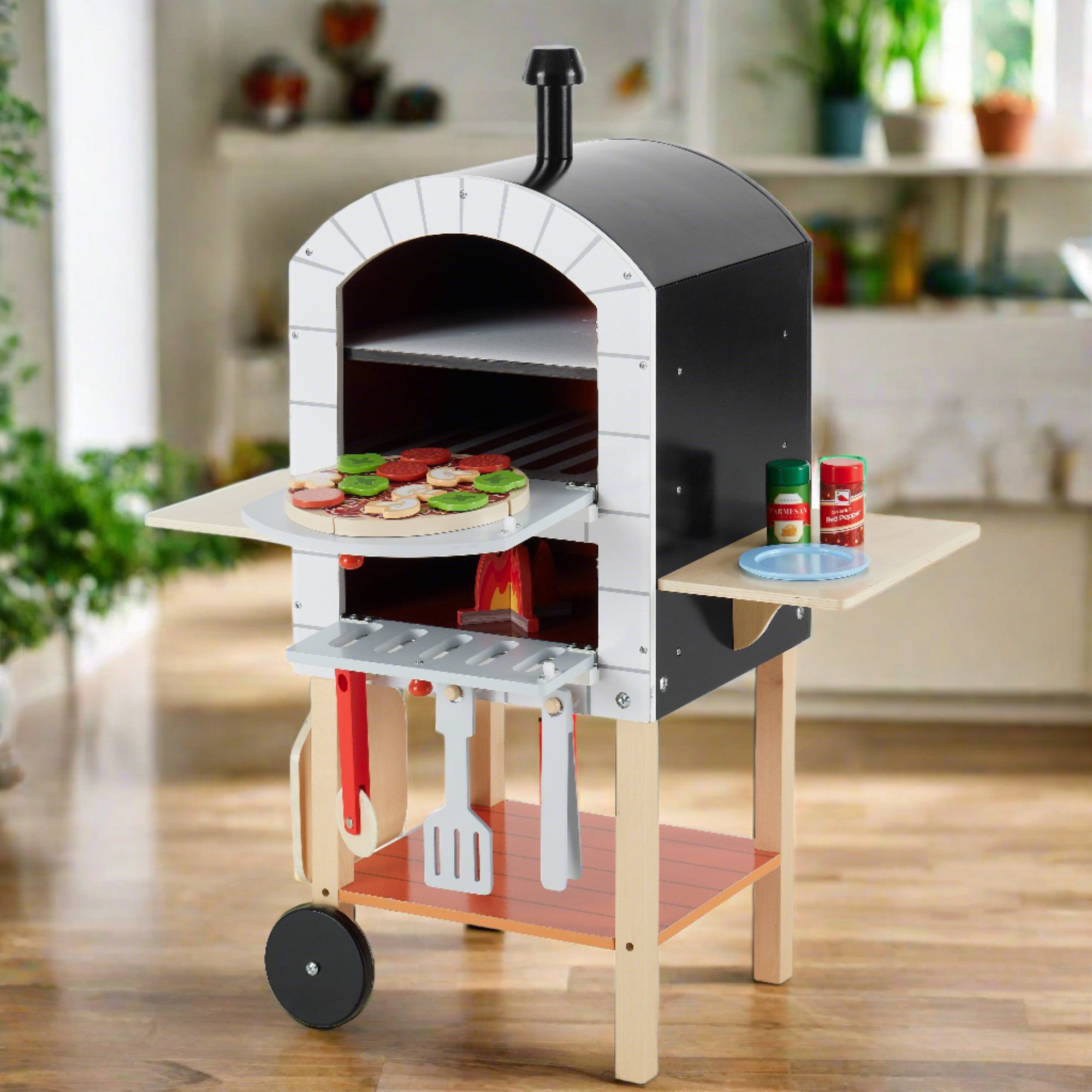 TEAMSON™ KIDS    Kaufladen Pizzaofen aus Holz mit Zubehör & 4-teiliger Spielpizza