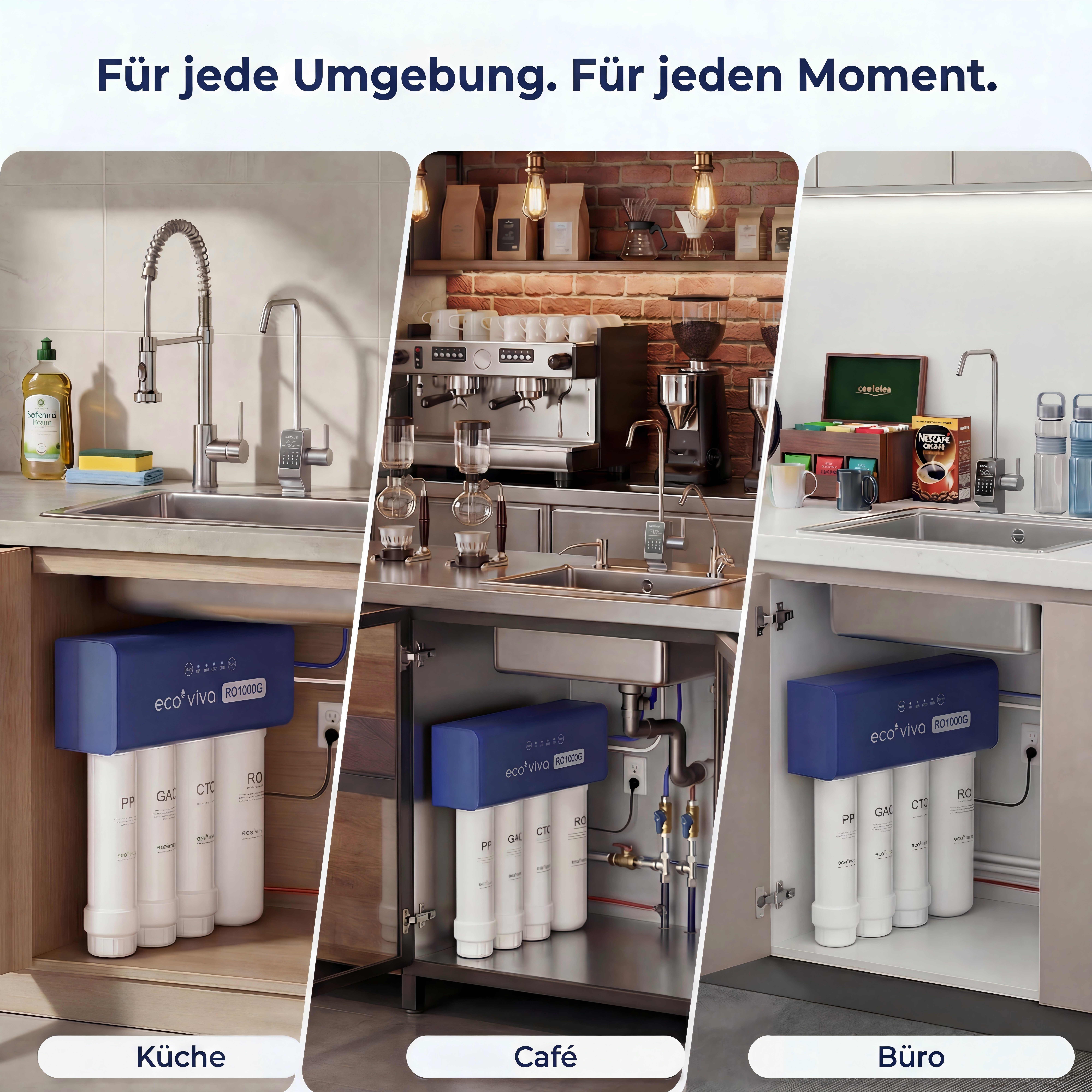 Ecoviva Wasserfilter RO1000G Untertisch Umkehrosmoseanlage, 9‑Stufen-Filtration, 3:1 Abwasser, Remineralisierung, Tanklos