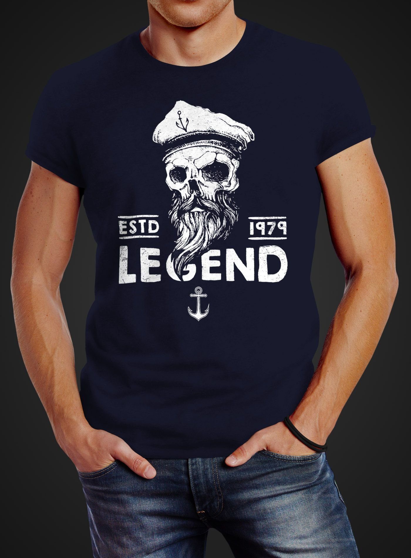 Herren T-Shirt Fit Slim Neverless® Legend Print-Shirt Kapitän mit navy Totenkopf Skull Print Bart Neverless Captain