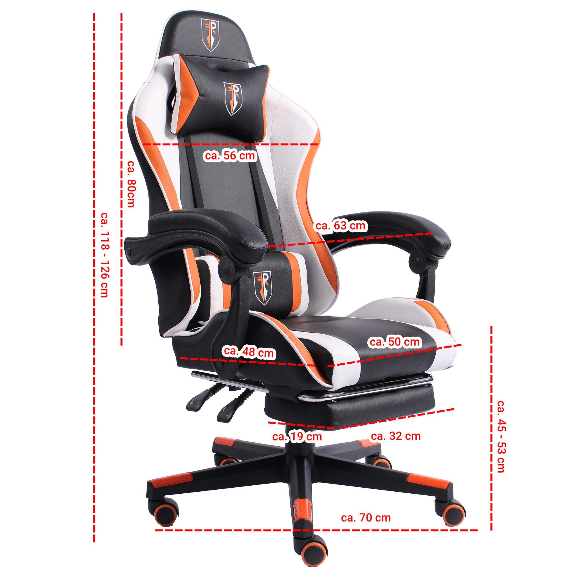 (1 Stuhl Stück), Bürostuhl Schwarz/Weiß-Orange Drehstuhl Arijus im Chefsessel Fußstütze Gaming Racing-Design TRISENS mit