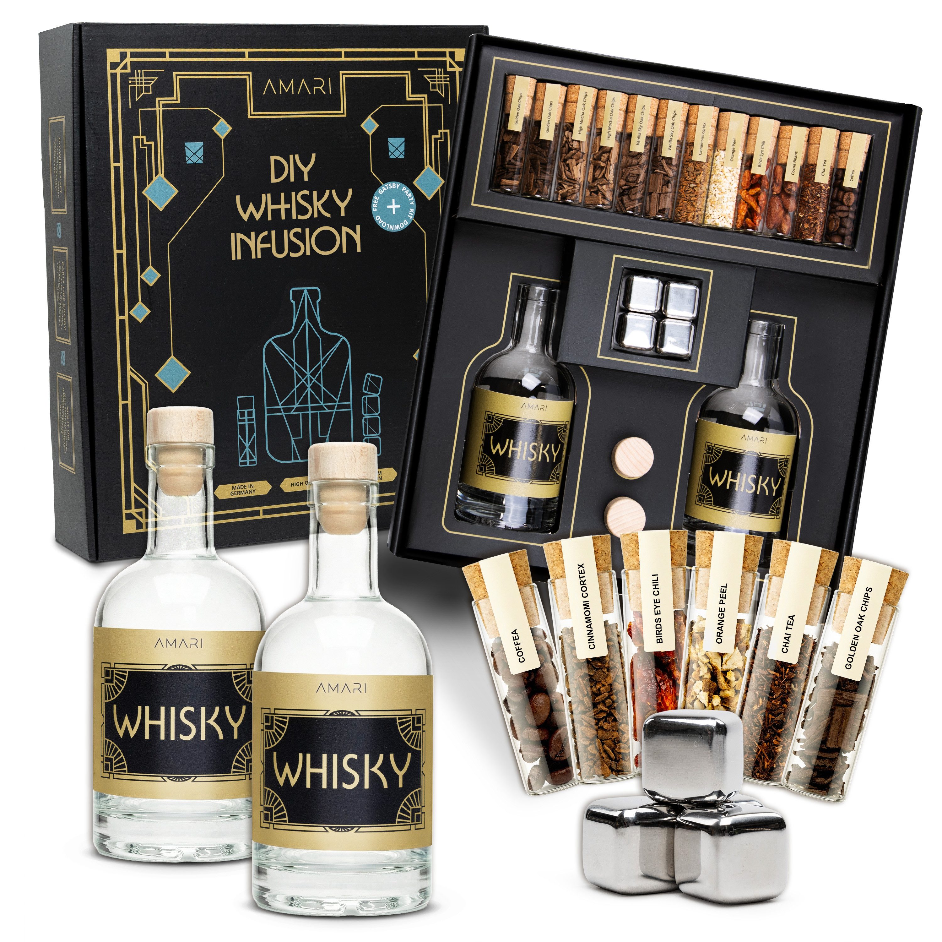 Amari Geschenkbox Whisky selber machen Set, DIY Whisky Baukasten mit Botanicals (Infusion Set mit Rezeptideen, 3 Sorten Eichenholzchips, 6 Botanicals, 2 Flaschen, 4 Whiskysteine), Geschenk für Männer & Whiskey-Fans, hergestellt in Deutschland
