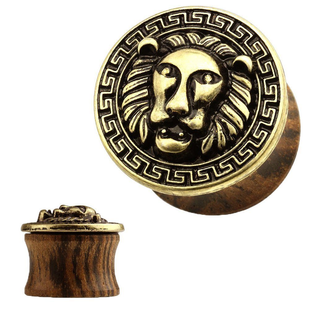 Taffstyle Plug Piercing Holz Antik mit Löwe vergoldet, Ohr Plug Flesh Tunnel Piercing Ohrpiercing Organischer Holz Antik