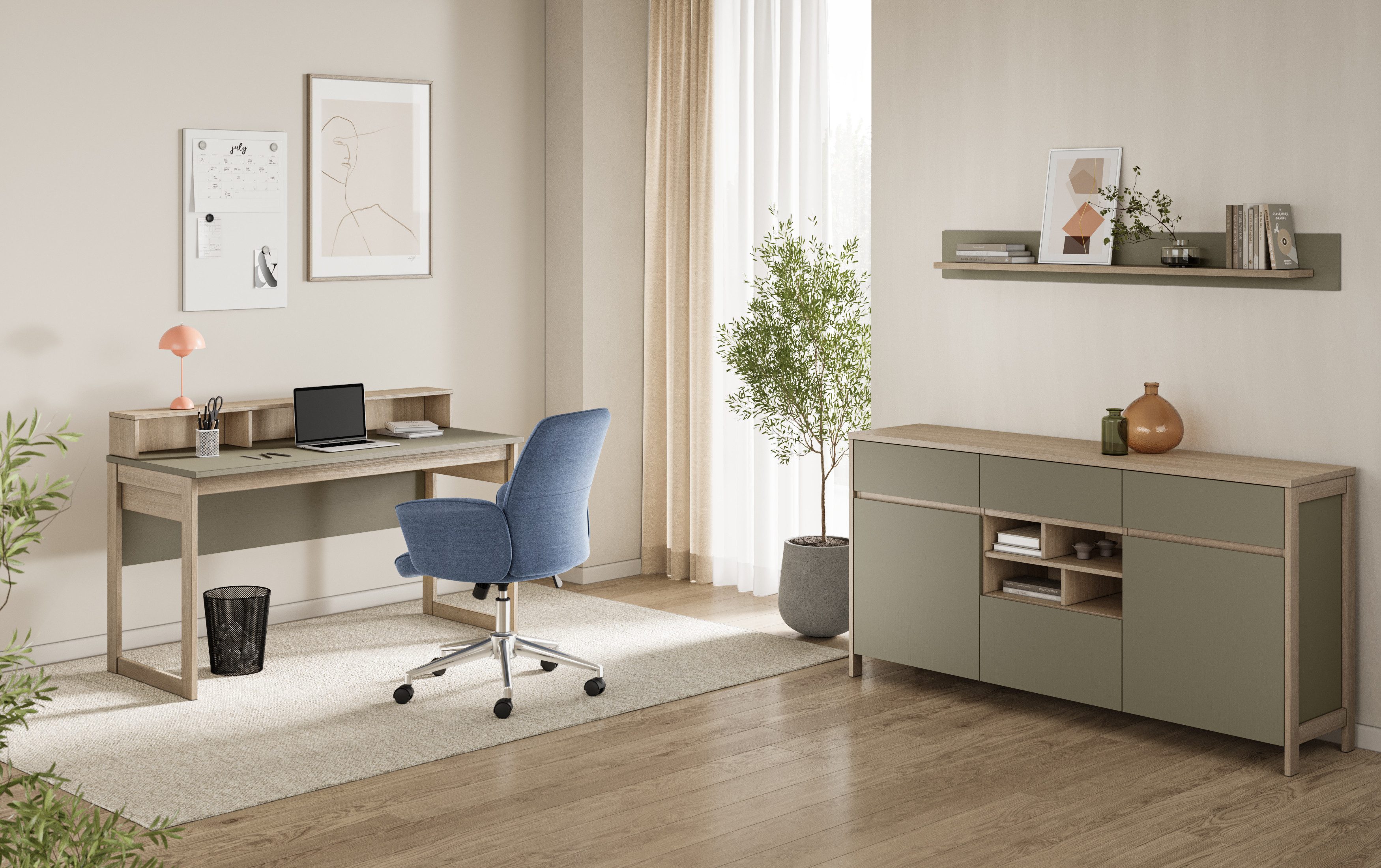 Home affaire Büromöbel-Set Stranda im Scandi-Style, Home Office, Büro in zwei Farben verfügbar, (3-tlg), enthält Schreibtisch, Sideboard und Wandboard