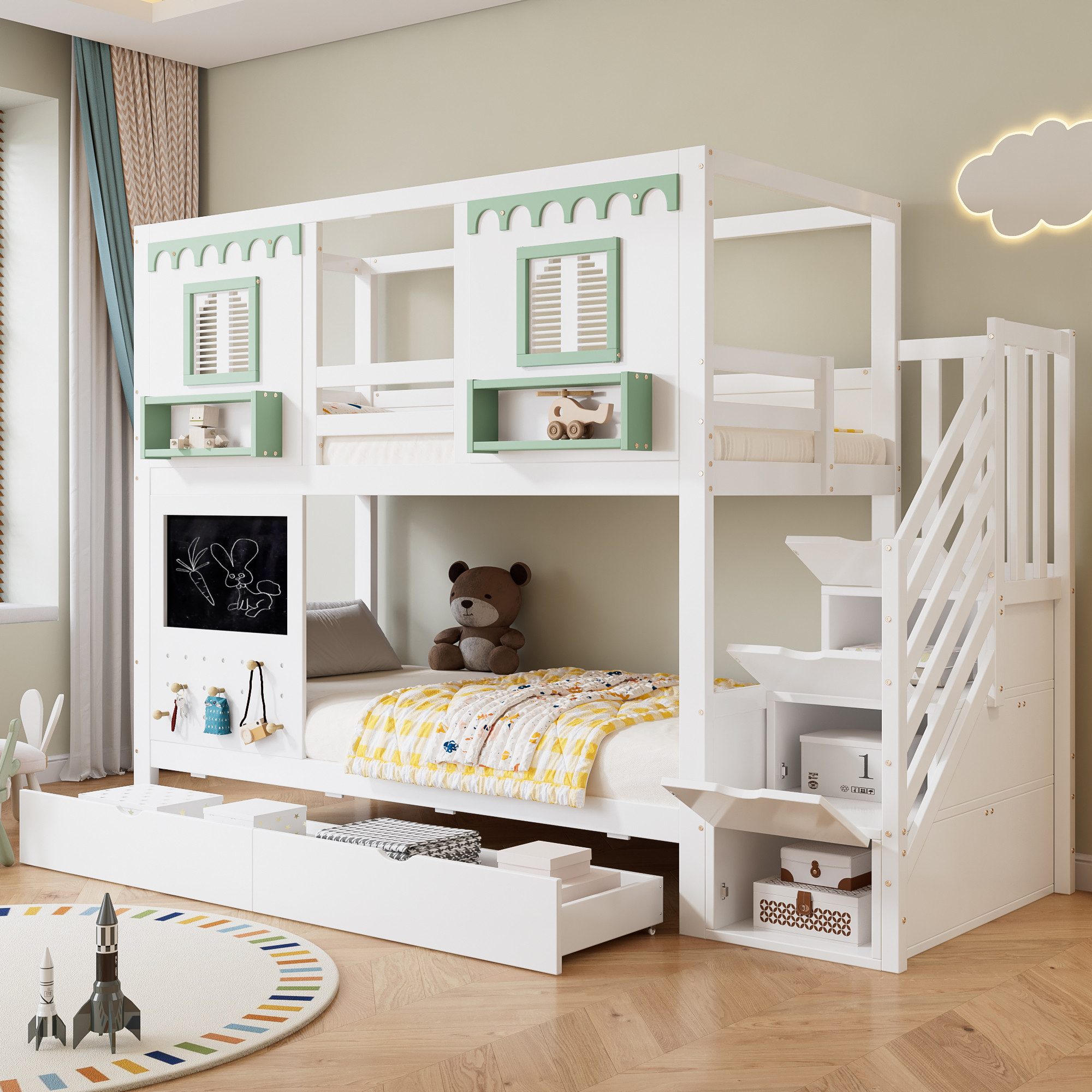 REDOM Etagenbett mit Lochbrett und 5 Holzhaken, Stauraumtreppe, zwei Schubladen (Kinderbett Gästebett, 90x200cm), ohne Matratze