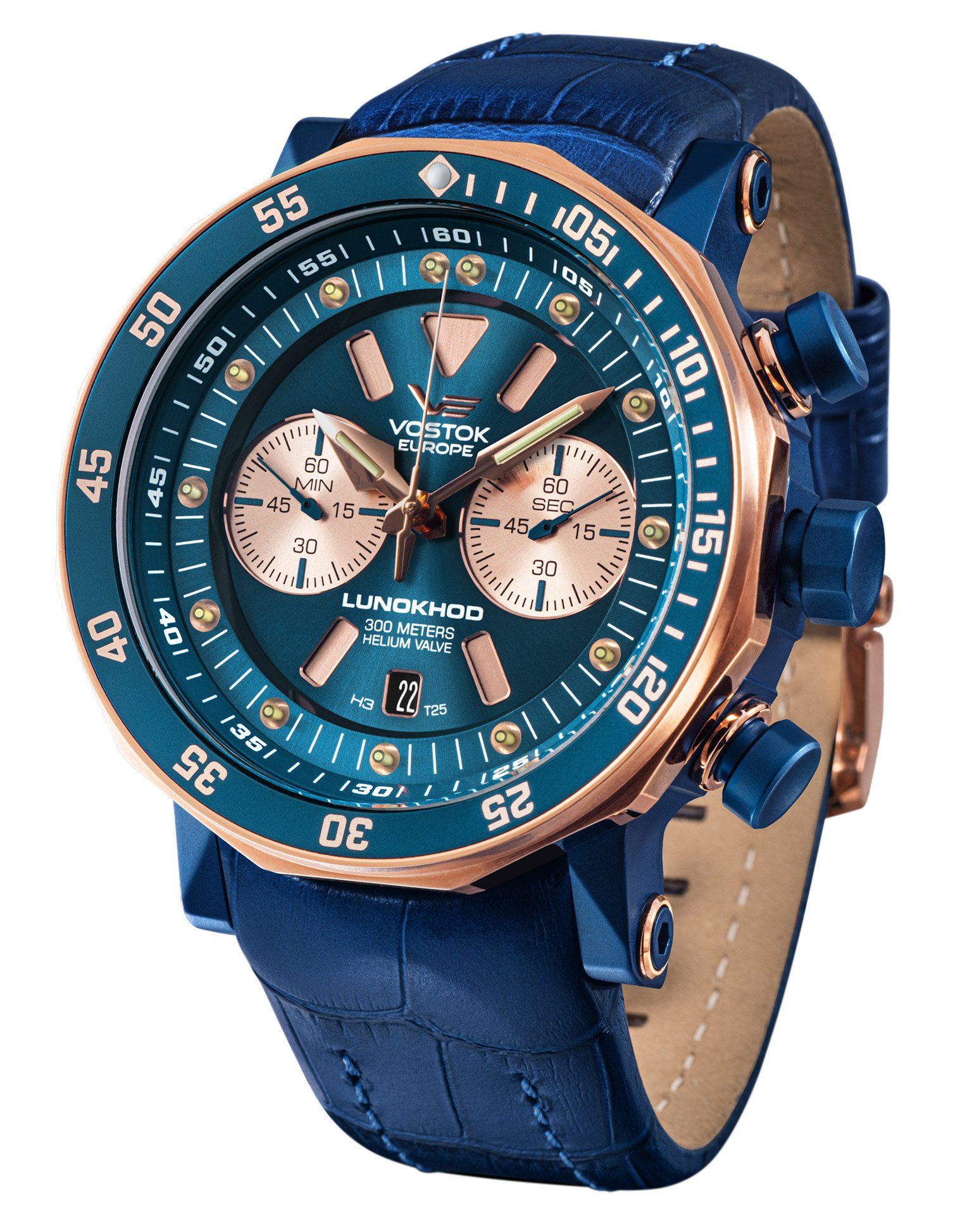 2 Blau/Roségoldfarben Chronograph Vostok Lunokhod Taucheruhr Europe