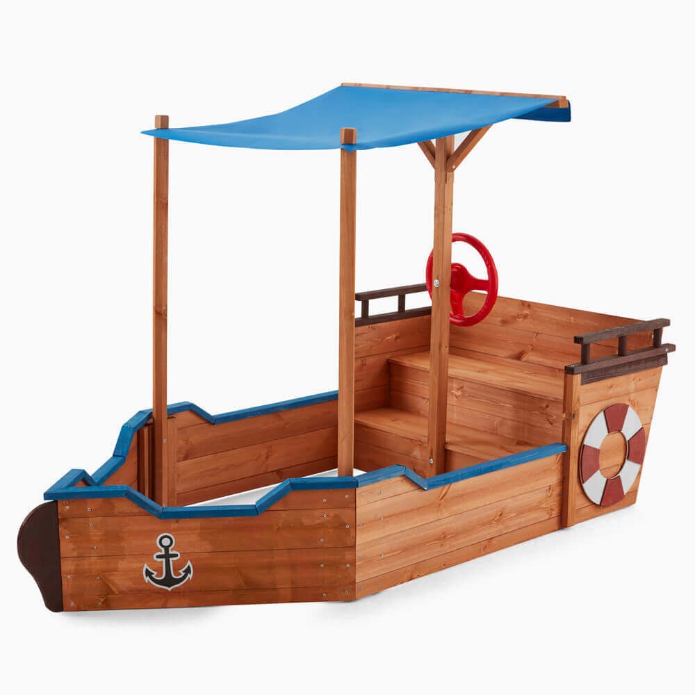 HOME DELUXE Sandkasten MATSCHEKISTE - 160 x 78 x 103 cm, inkl. kleinem Dach & Sitzbank, Piratenschiff, Segelschiff