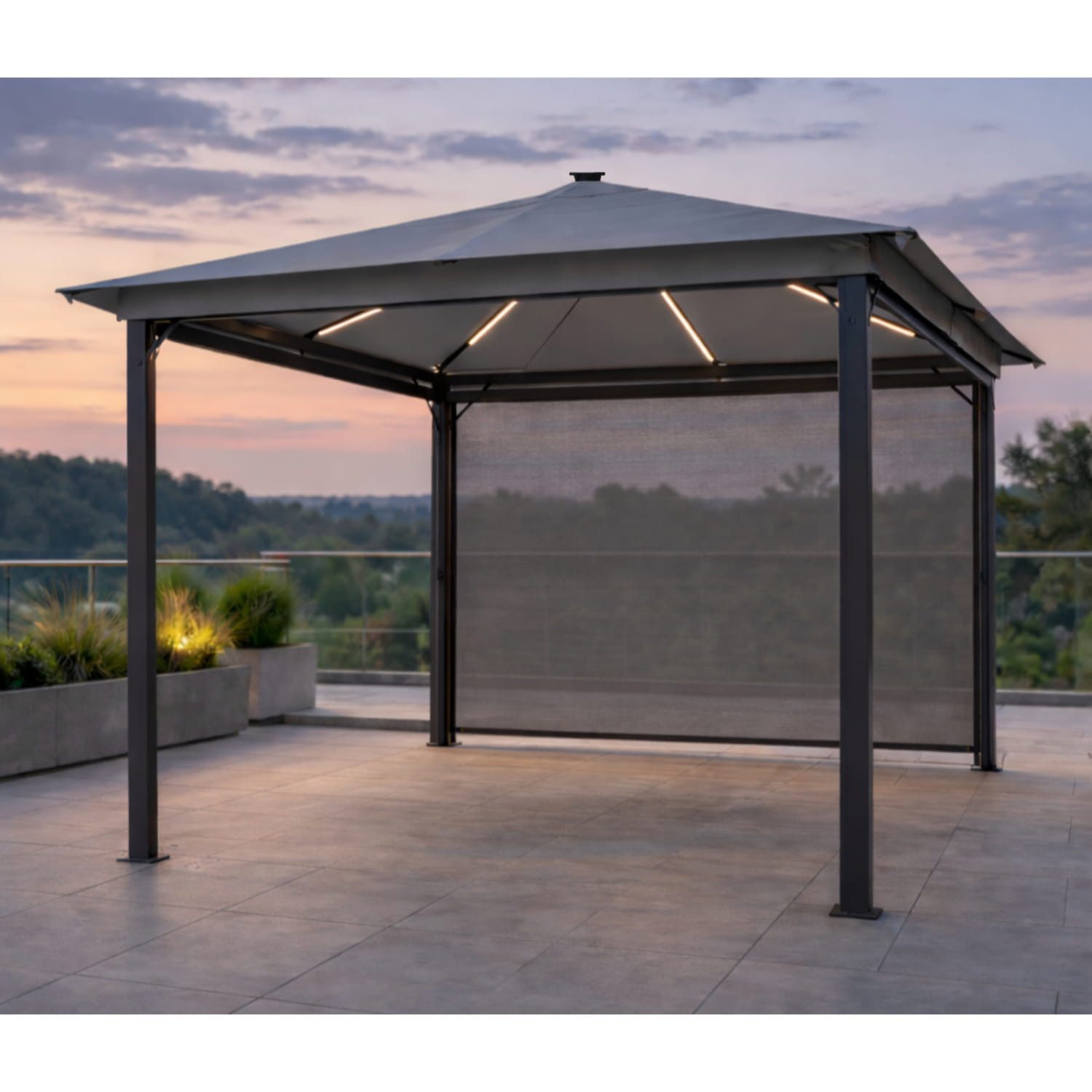 Leco Pavillon "Zoe" mit LED-Beleuchtung und Gittergewebe-Rollos, mit 4 Seitenteilen, Solar-Pavillon in anthrazit