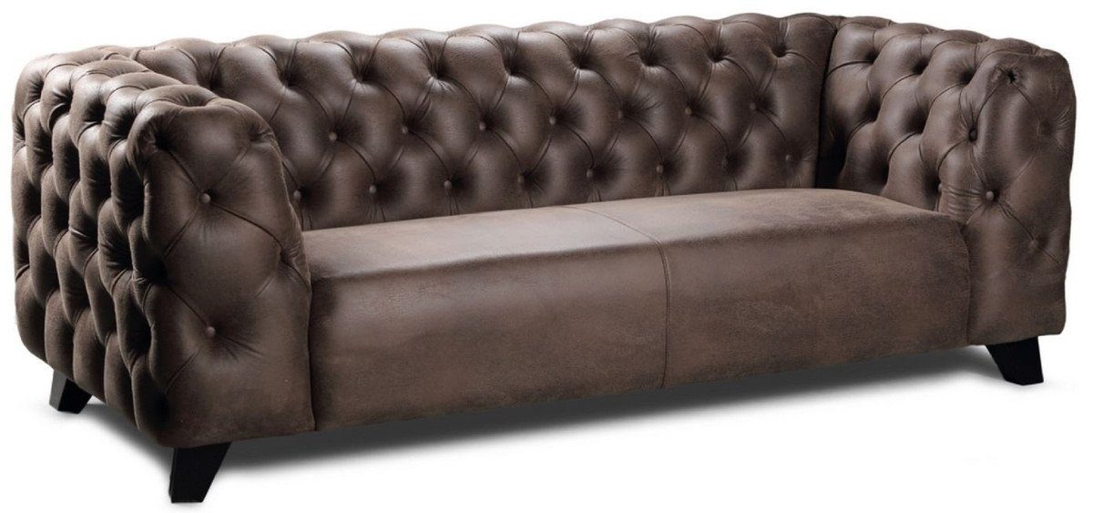 Casa Padrino Chesterfield-Sofa Luxus Chesterfield Leder 3er Sofa Vintage Braun / Schwarz 217 x 95 x H. 80 cm - Echtleder Wohnzimmer Sofa - Chesterfield Wohnzimmer Möbel